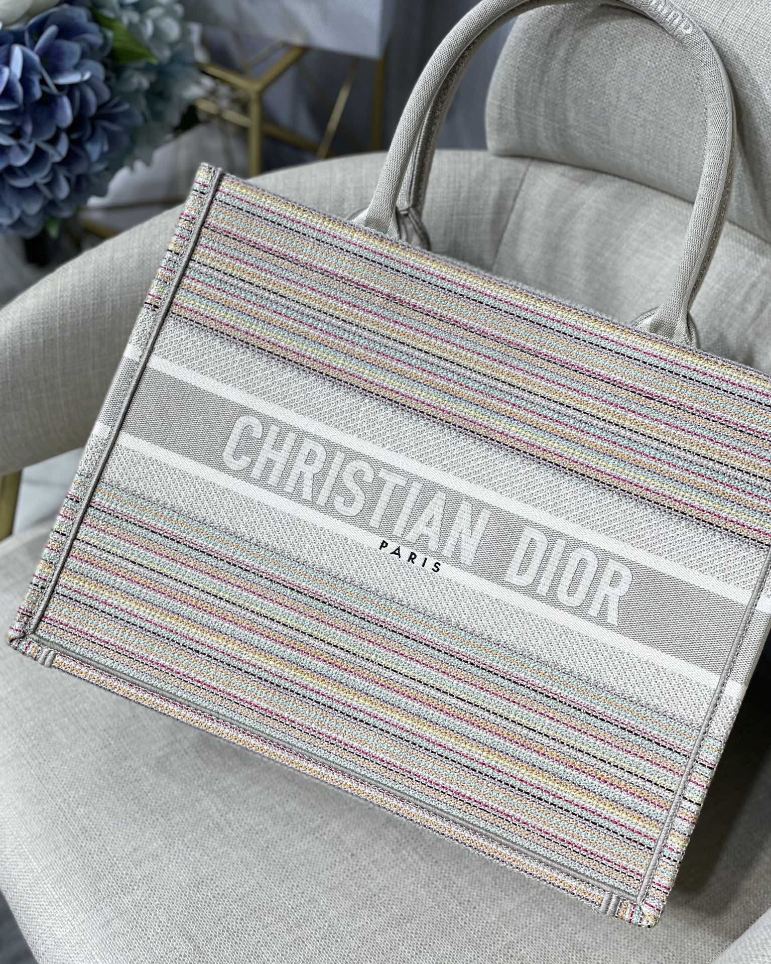 Christian Dior Large Dior Book Tote Bag Canvas Stripes Embroidery For Women 42cm/16.5in CD - Soul Replicas