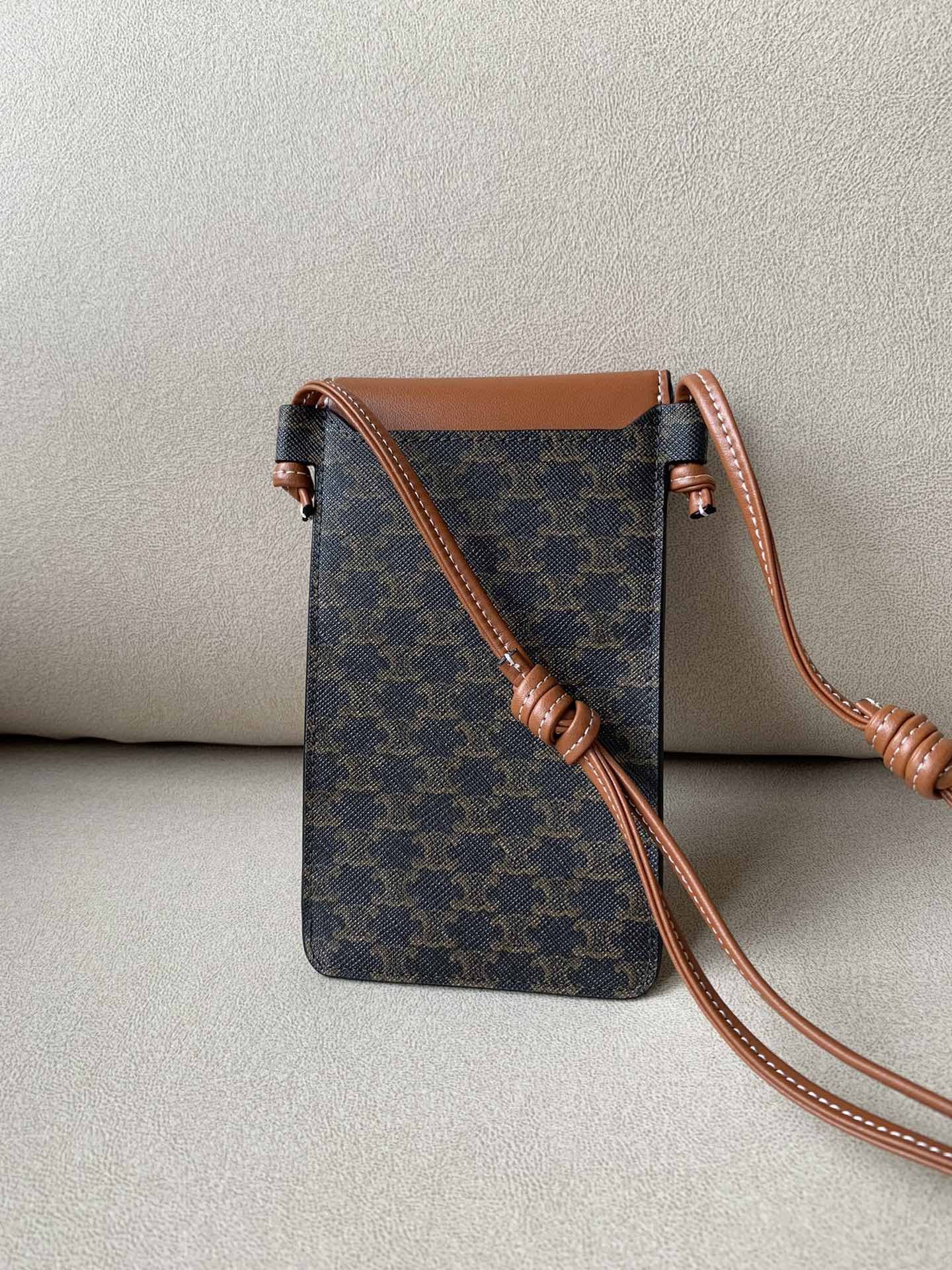 Celine Phone Pouch With Flap In Triomphe Canvas And Lambskin Tan For Women 7in/18cm 10G332CQD.04LU - Soul Replicas