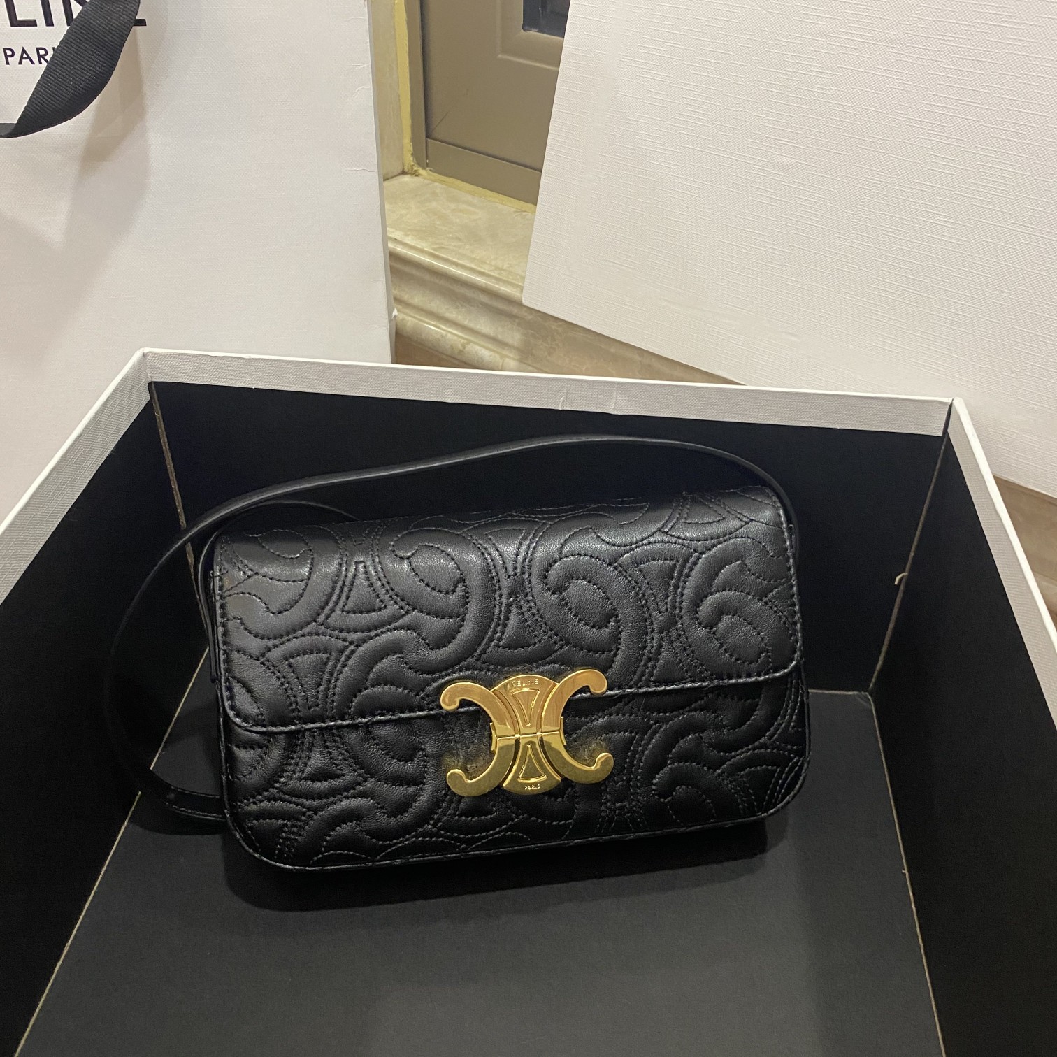 Celine Triomphe Shoulder Bag In Quilted Triomphe Lambskin Black For Women 8in/20cm 194143EF4.38NO - Soul Replicas