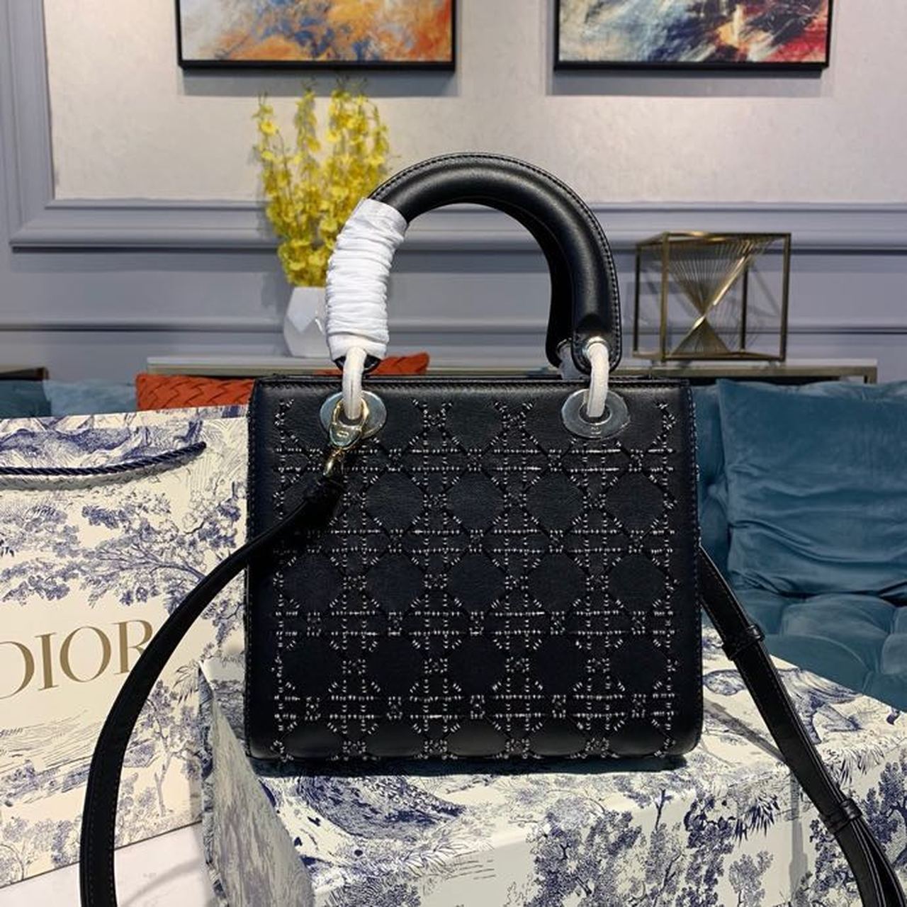 Christian Dior Medium Lady Dior Bag Gold Toned Hardware Embroidered Black 24cm/9in CD - Soul Replicas