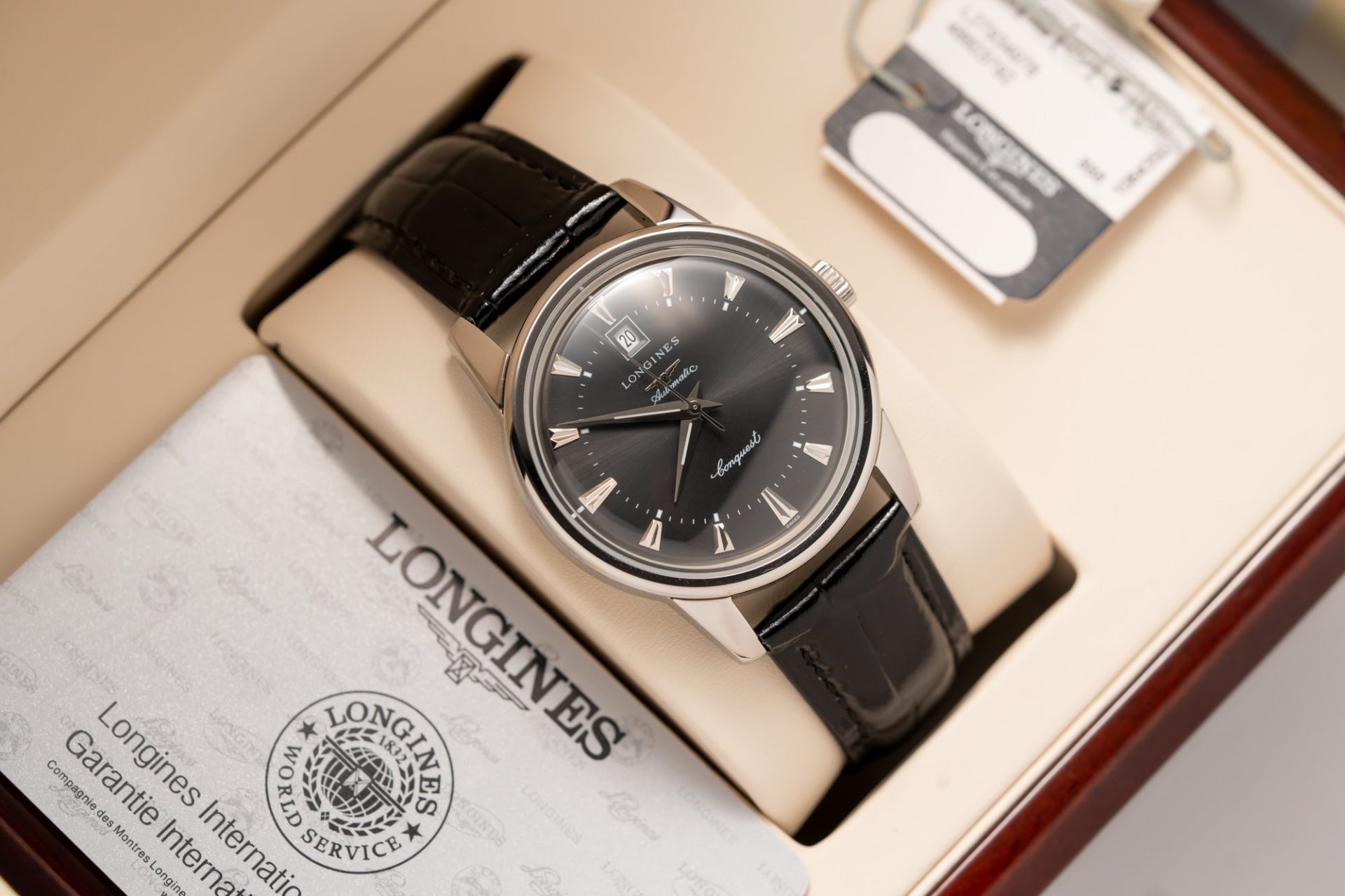 Longines Fake Watch Conquest Heritage L16454754 Black Dial Leather Strap 40mm - Soul Replicas