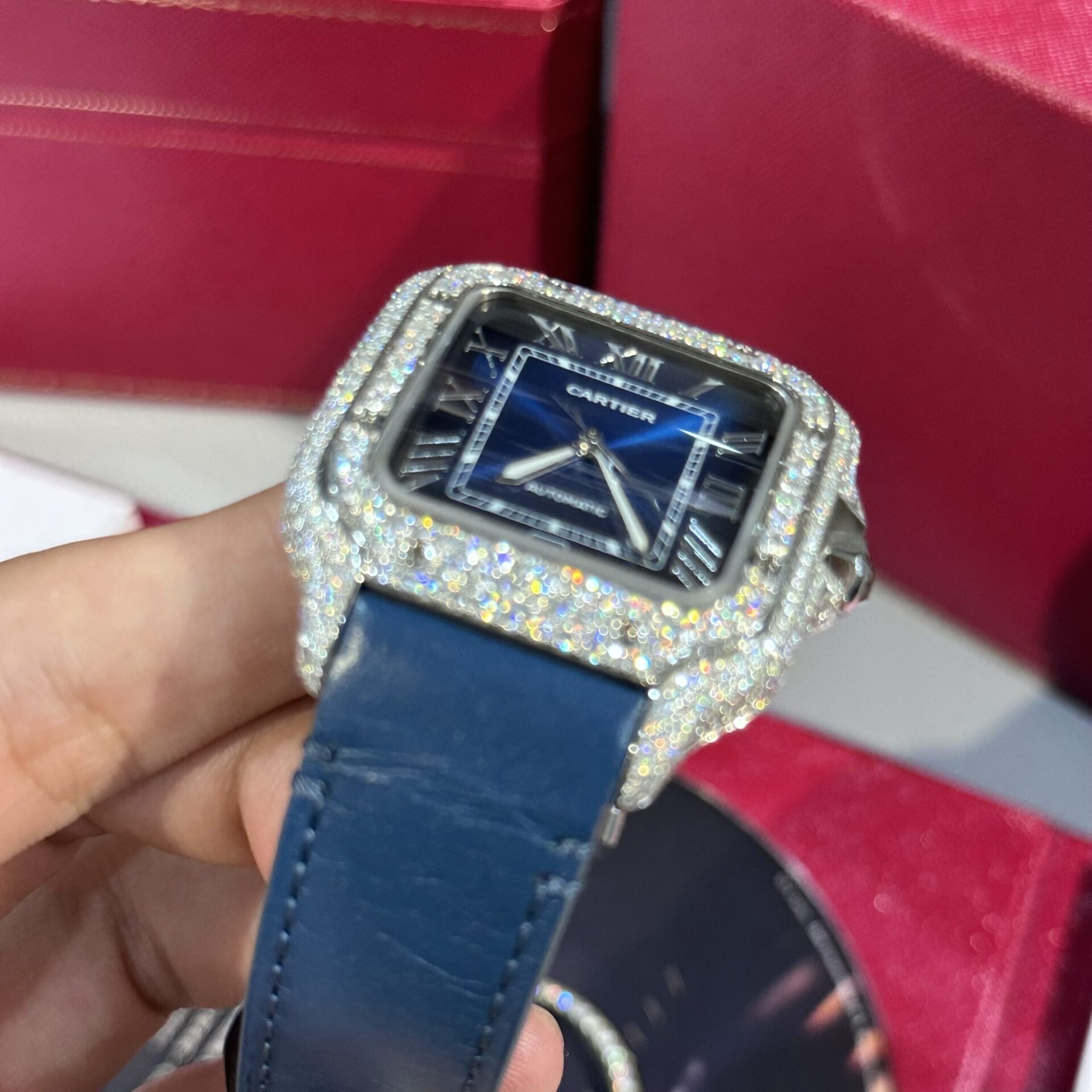 Cartier Santos Replica Watch Blue Dial Custom Moissanite Diamonds 39.8mm - Soul Replicas