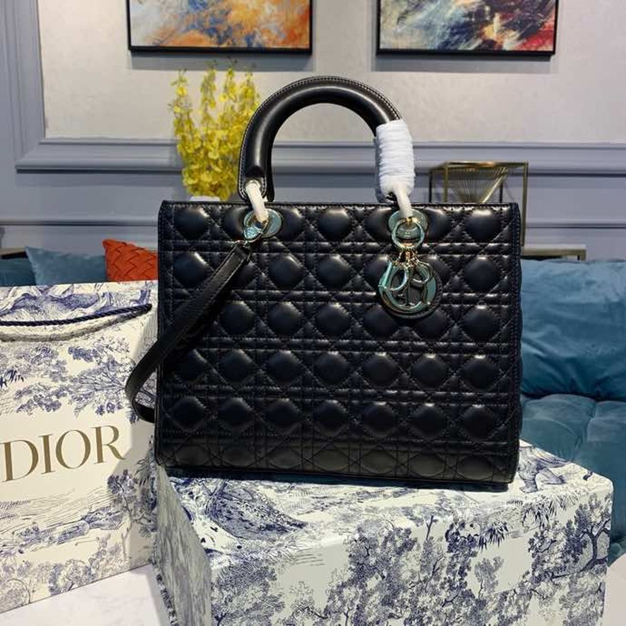 Christian Dior Large Lady Dior Bag Gold Toned Hardware Black Cannage For Women 12.5in/32cm CD - Soul Replicas