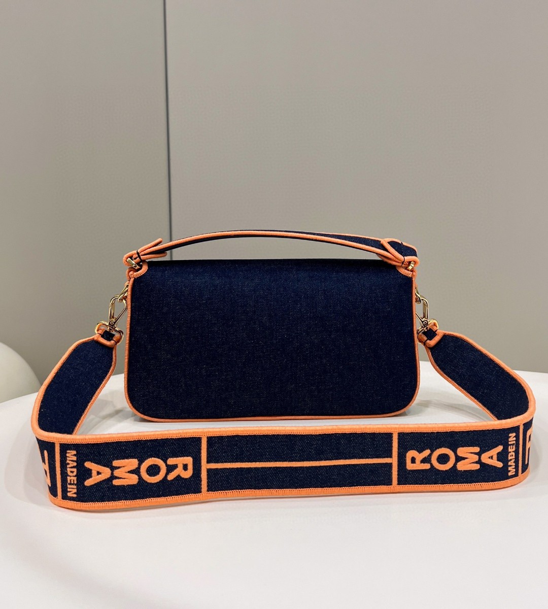Fendi Baguette Blue Denim Orange Border Bag For Woman 26cm/10in - Soul Replicas