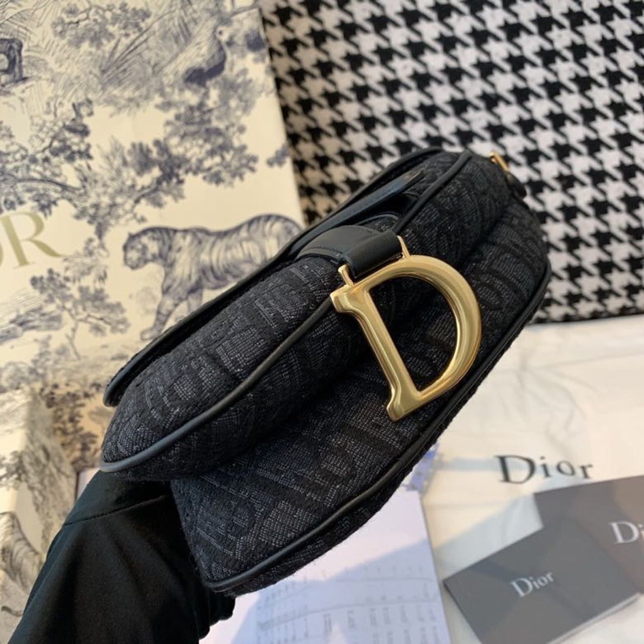 Christian Dior Saddle Bag Black Oblique Embroidered Canvas Gold Toned Hardware For Women 19.5cm/7.6in CD - Soul Replicas