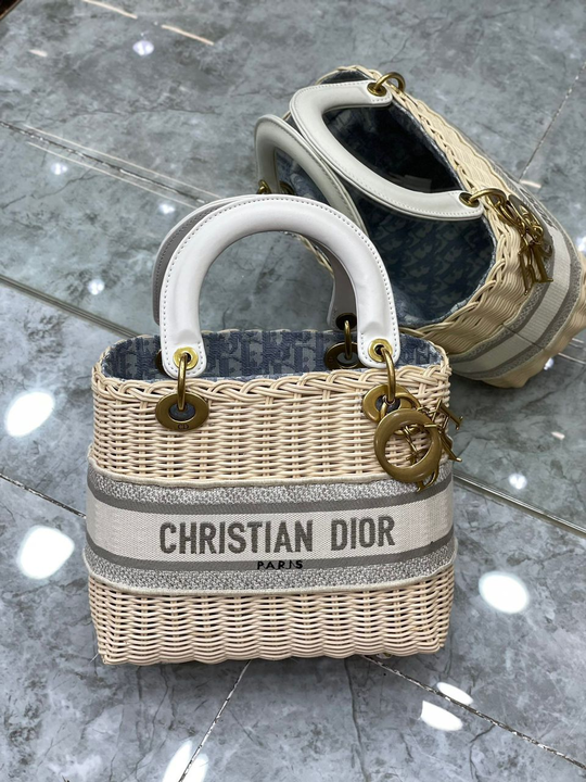 Christian Dior Medium Lady Natural Wicker and Blue Dior Oblique Jacquard Dior Bag. Blue. For Women Women's Handbags. 24cm CD M0565CMVO_M808 - Soul Replicas