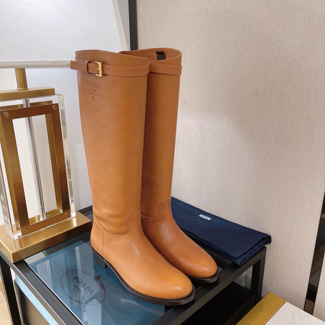 Prada 30 Logo-Embossed Knee Boots Brown For Women Prada 1W175M_34A_F0046_F_D030 - Soul Replicas