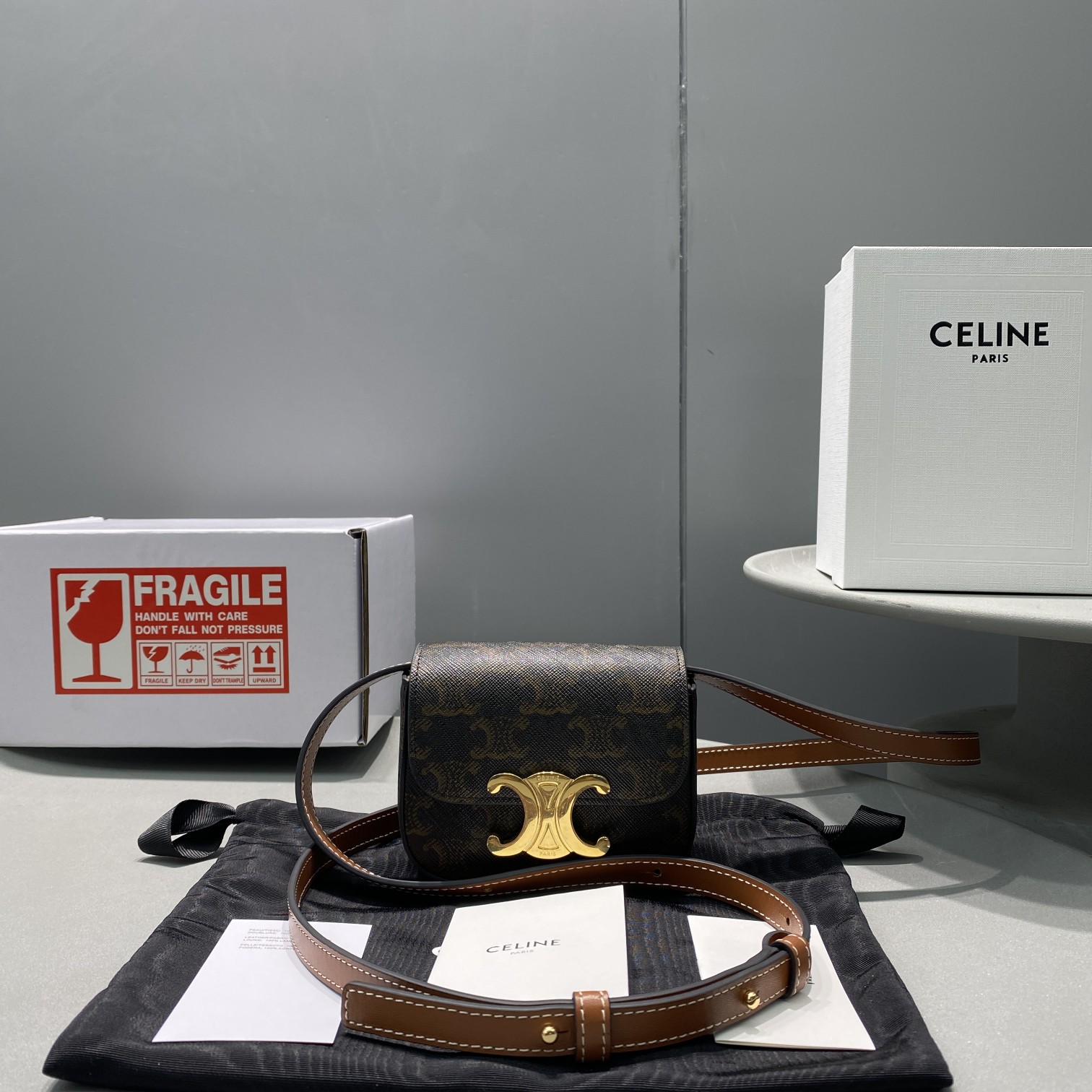 Celine Mini Triomphe In Triomphe Canvas Tan For Women 4in/11cm 10I512DQB.04LU - Soul Replicas