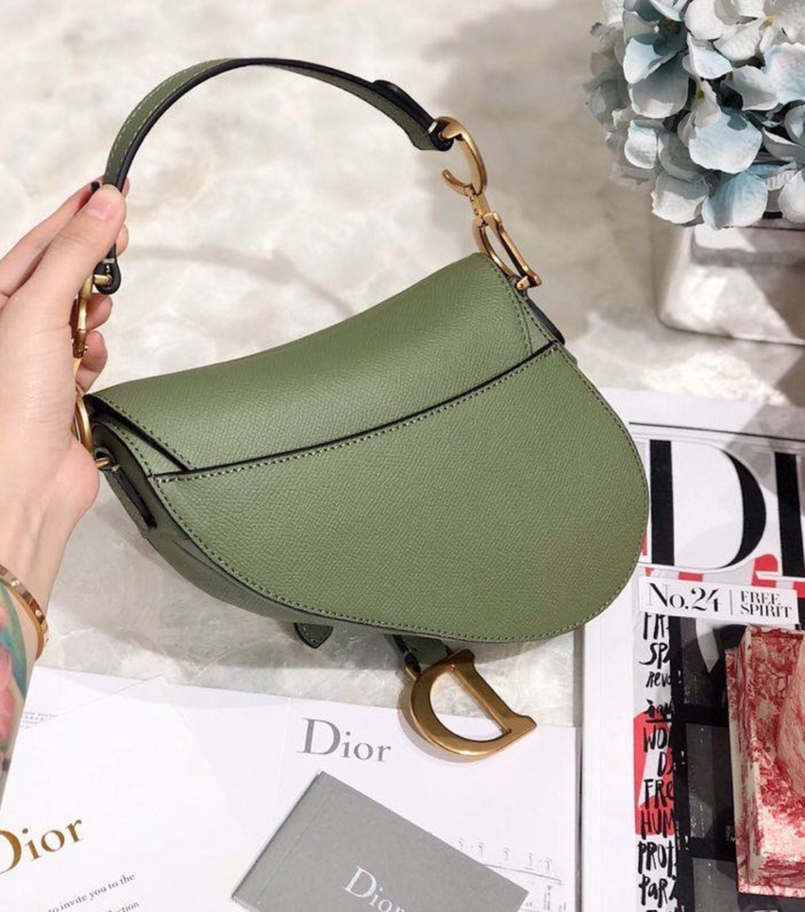 Christian Dior Saddle Bag Cedar Green Grained Canvas Spring For Women 20cm/8in CD - Soul Replicas