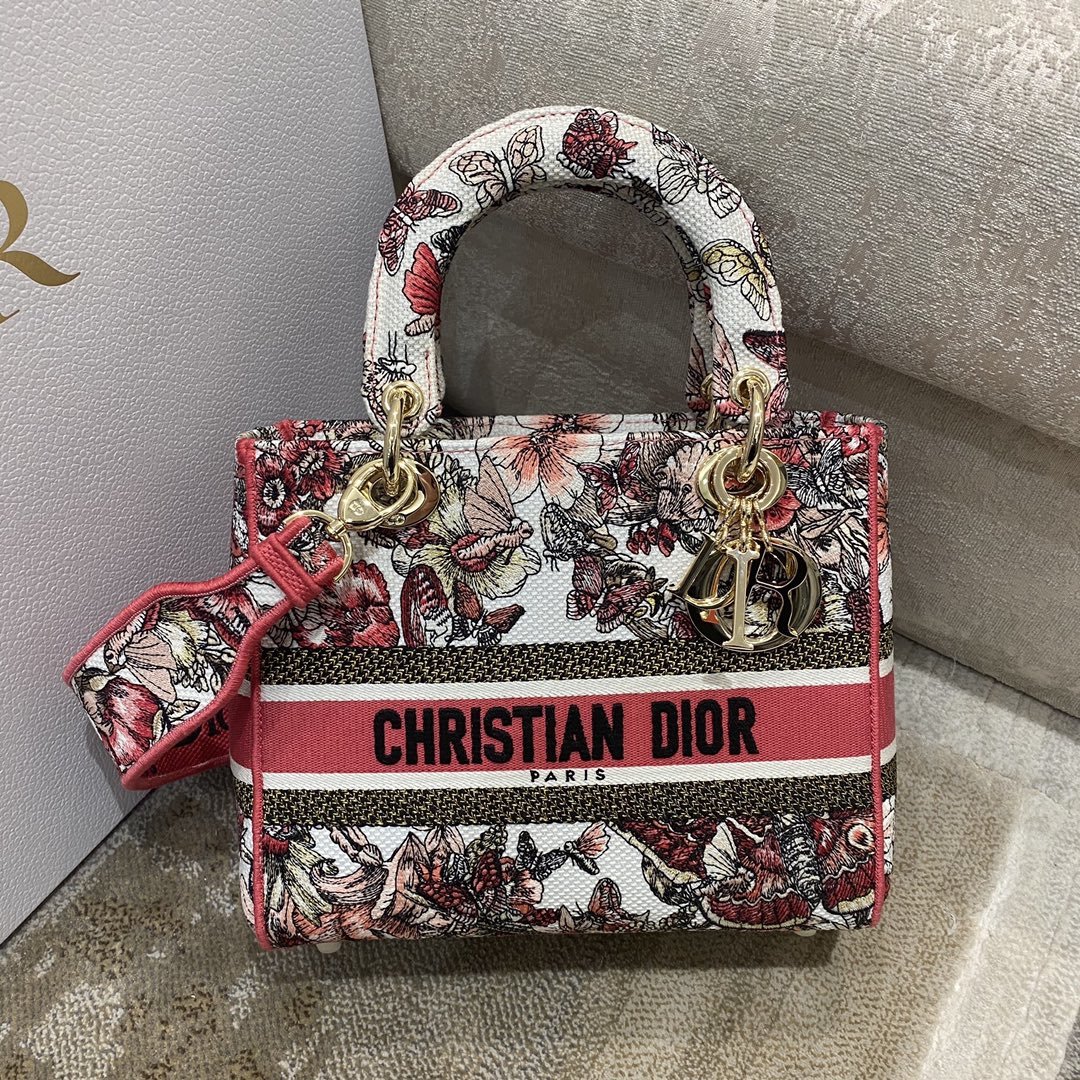 Christian Dior Medium Lady D-Lite Bag Multicolor Butterfly Embroidery. Red/Latte. For Women Women-s Handbags. 24cm CD M0565ORHQ_M884 - Soul Replicas