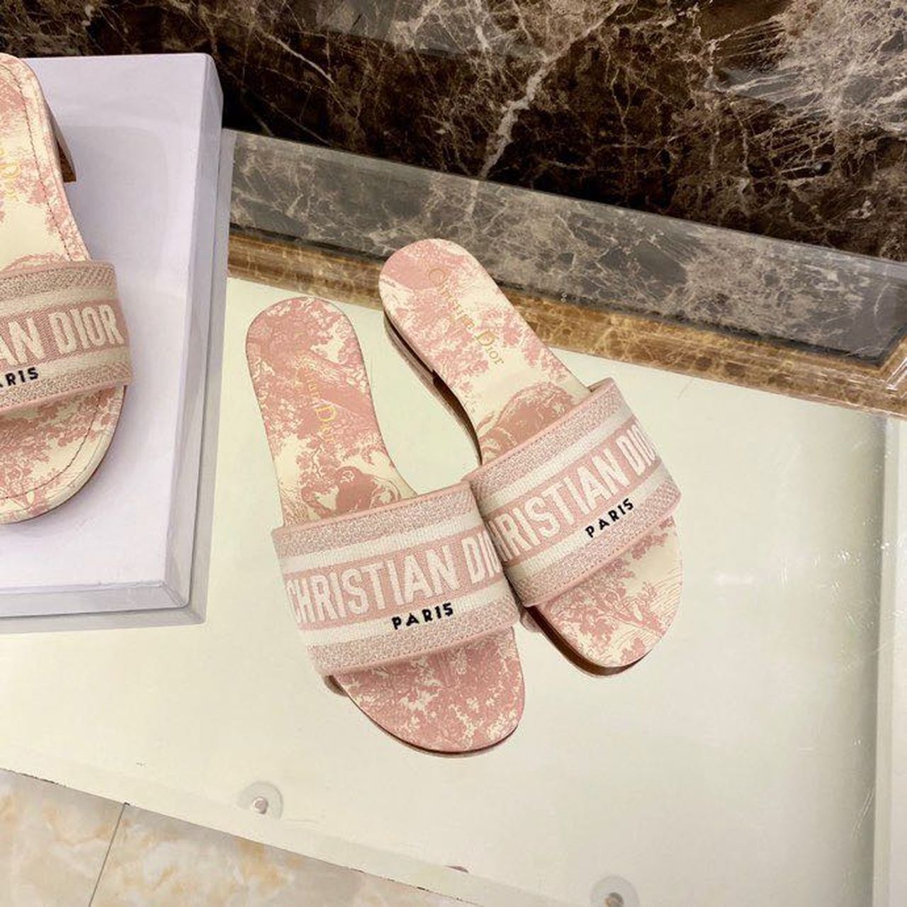 Christian Dior Dway Slide Peony Pink Toile De Jouy Embroidered Cotton Pink For Women CD KCQ209TJE_S61W - Soul Replicas