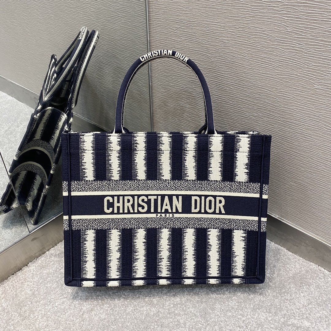 Christian Dior Medium Dior Book Tote Blue D-Stripes Embroidery For Women 36cm/16.5in CD - Soul Replicas