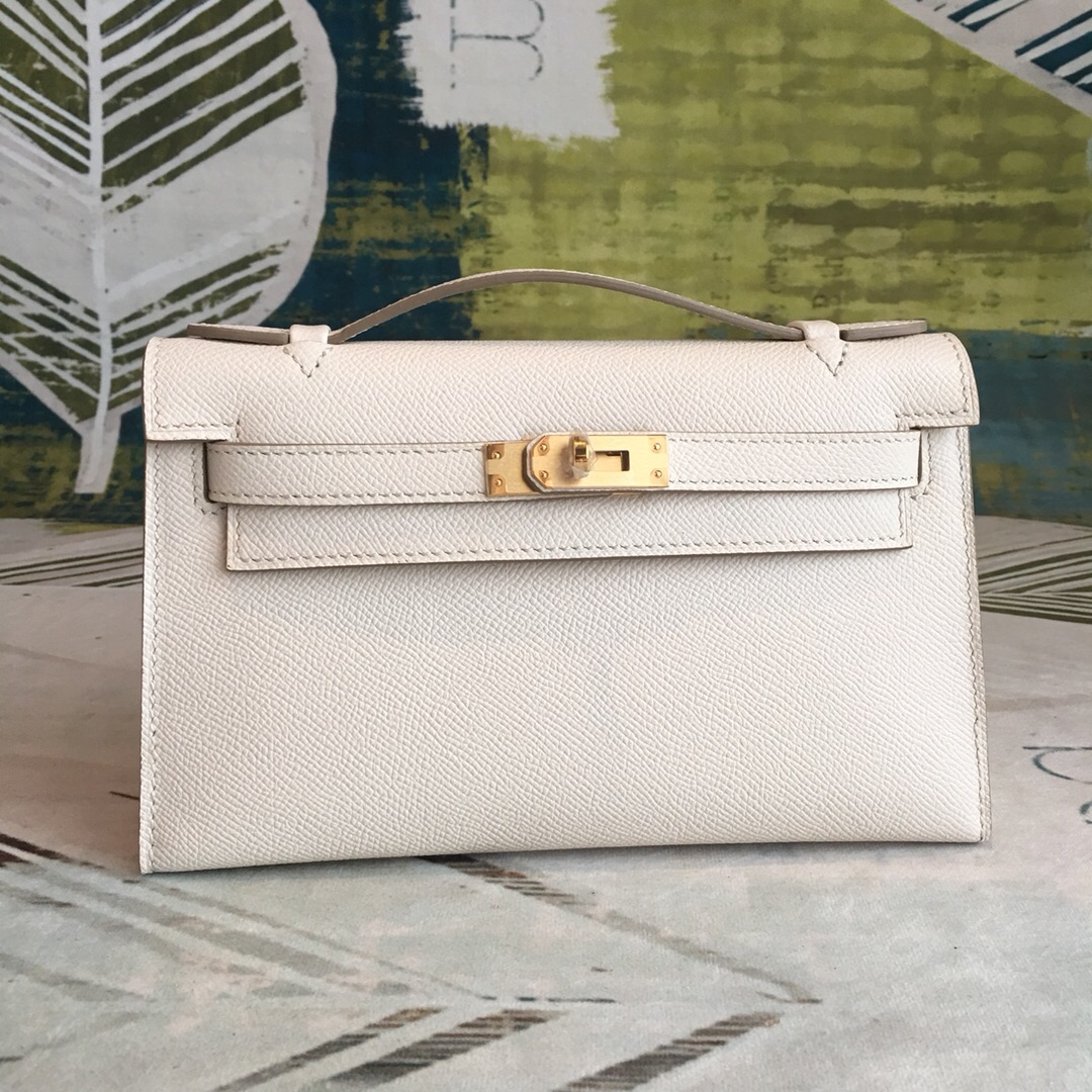 Hermes Kelly Pochettee White For Women Gold Toned Hardware 8.5in/22cm - Soul Replicas