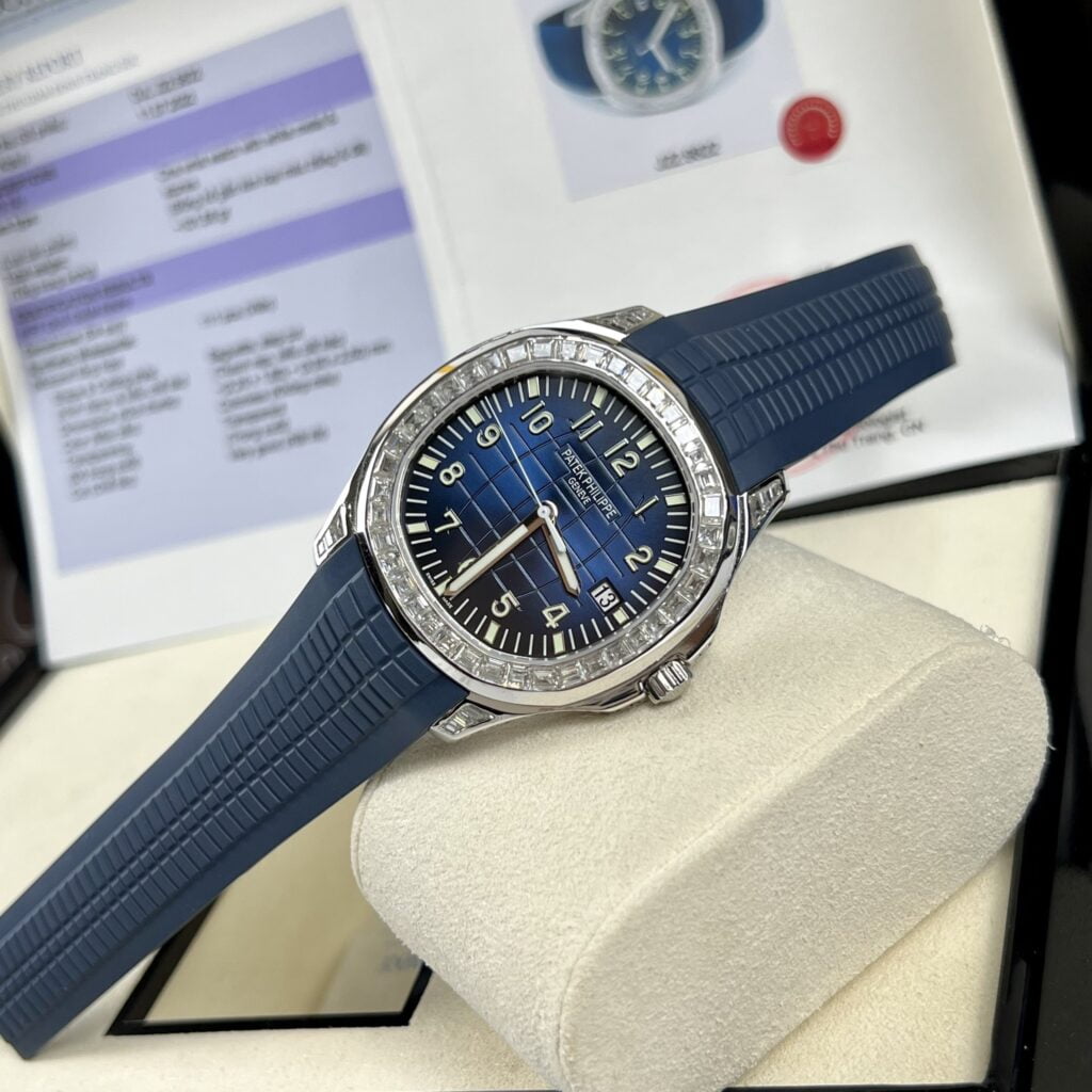 Patek Philippe Replica Watch Aquanaut 5168G Custom Moissanite Baguette Diamonds Blue Dial 42.2mm - Soul Replicas