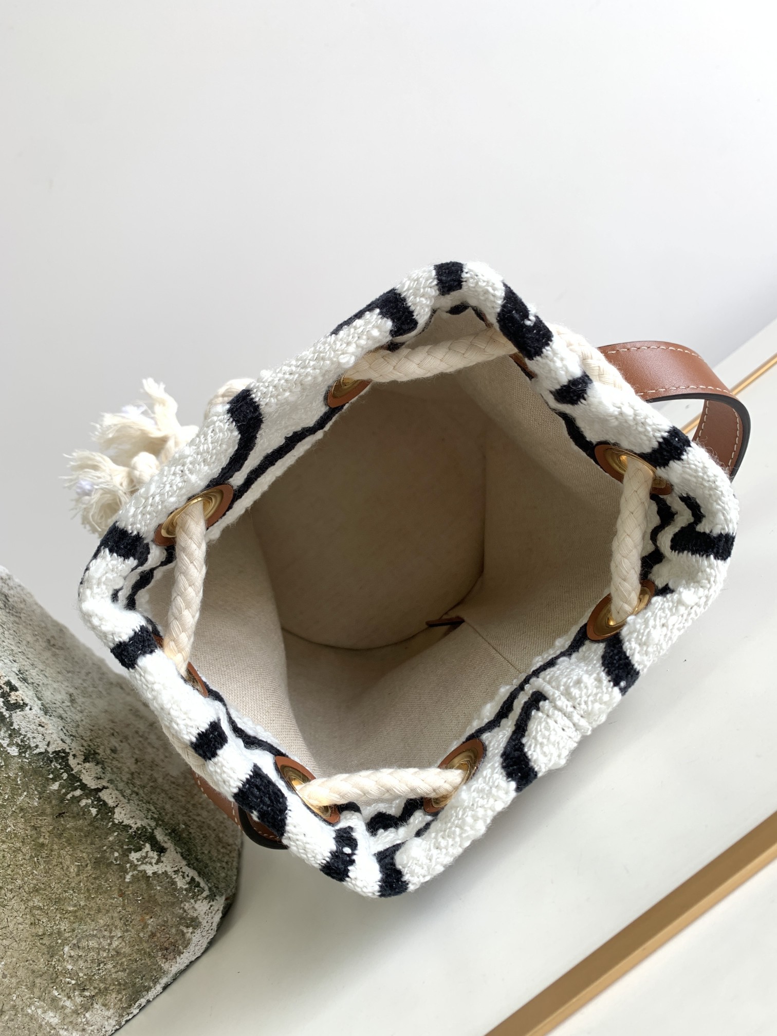 Celine Teen Drawstring In Textile With Celine All-Over White/Black For Women 7in/19cm - Soul Replicas