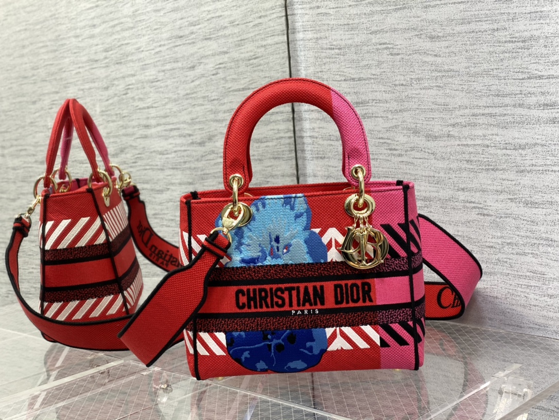 Christian Dior Medium Lady D-Lite Bag D-Flower Pop Embroidery. Bright Pink Multicolor. For Women Women-s Handbags. 24cm CD M0565OROO_M885 - Soul Replicas