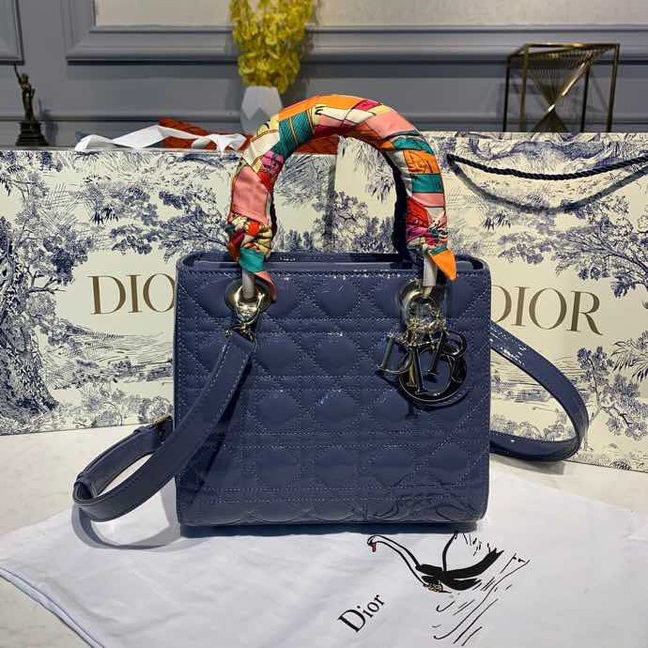 Christian Dior Medium Lady Dior Bag Silver Hardware Deep Blue Patent For Women 9.5in/24cm CD - Soul Replicas