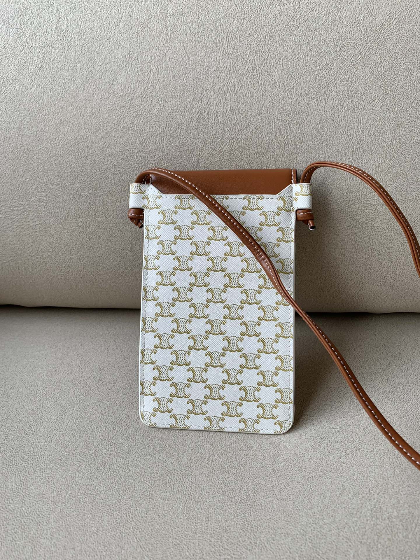 Celine Phone Pouch With Flap In Triomphe Canvas And Lambskin White/Tan For Women 7in/18cm 10G332CQD.01TA - Soul Replicas