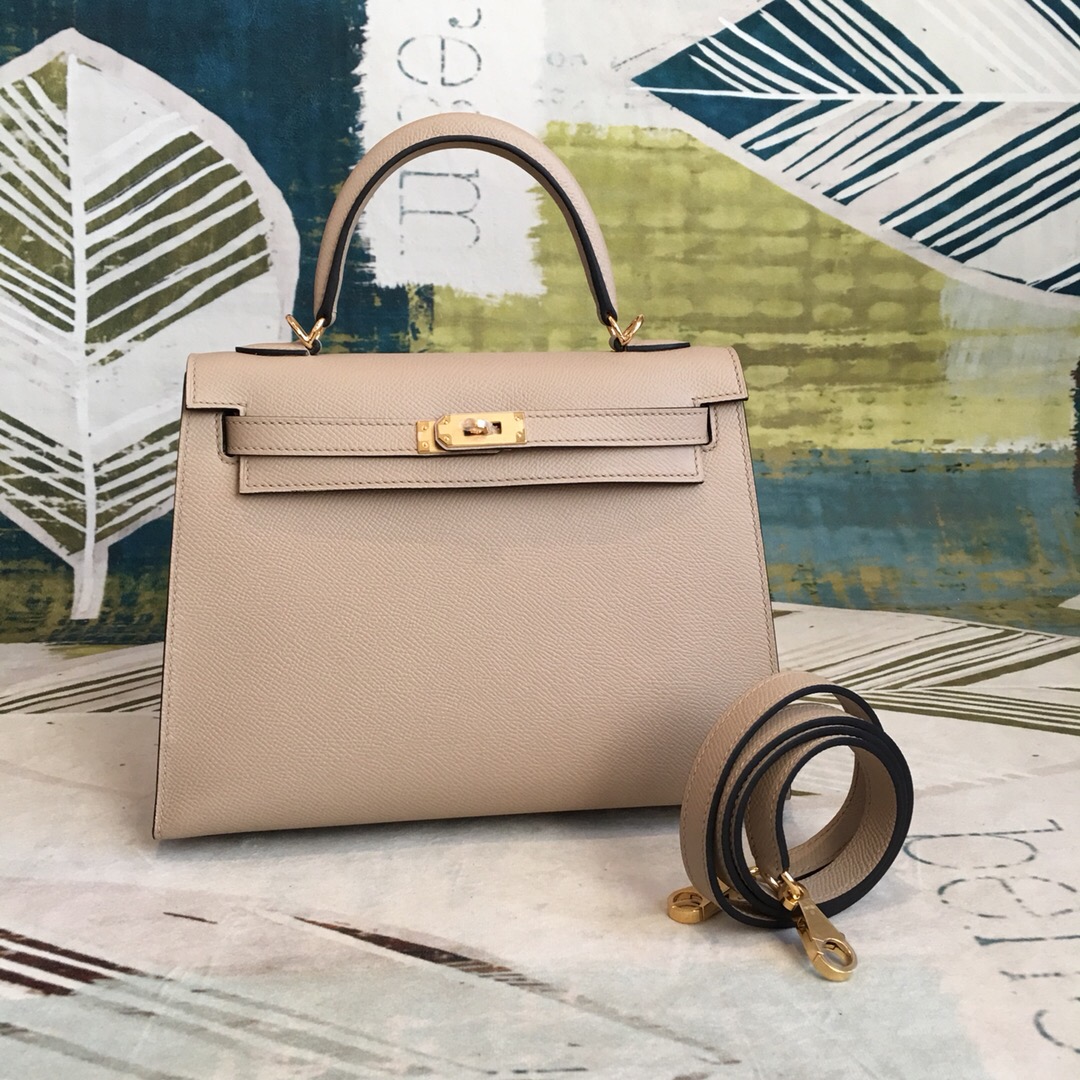 Hermes Kelly Light Gray For Women Gold Toned Hardware 10in/25cm - Soul Replicas