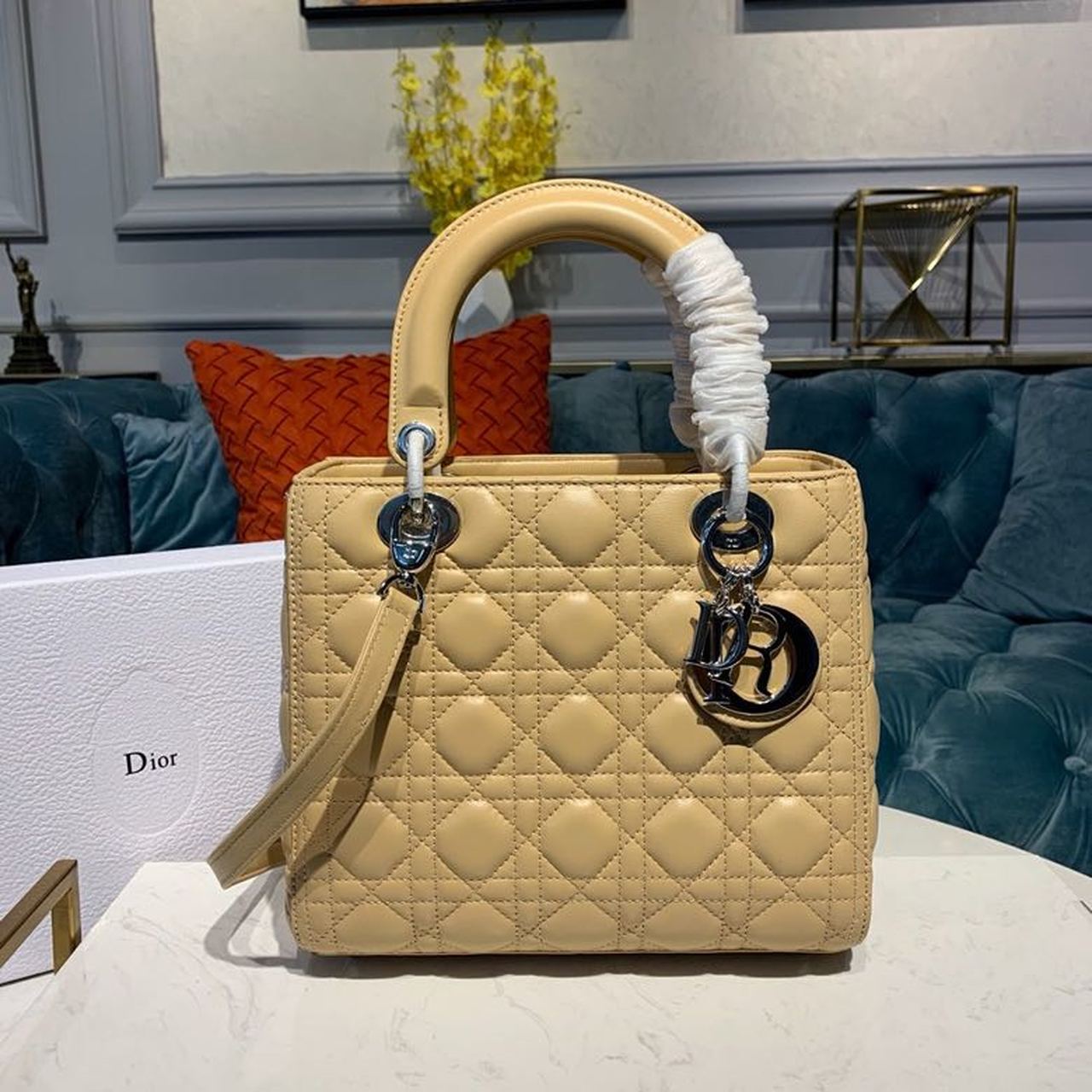 Christian Dior Medium Lady Dior Bag Silver Hardware Pale Yellow For Women 9.5in/24cm CD - Soul Replicas