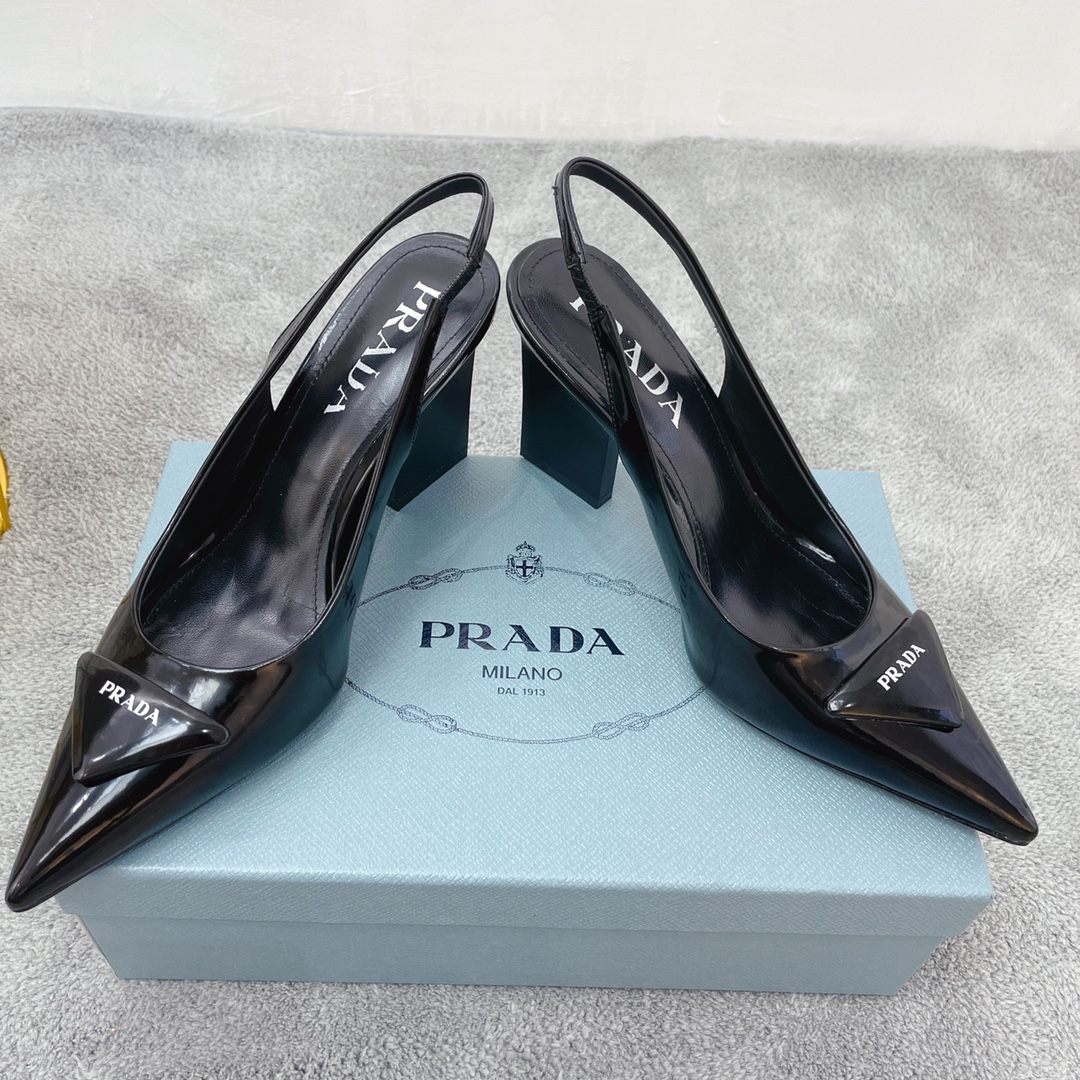 Prada Patent Sling-Back Pumps Black For Women 3.5in/90mm Prada - Soul Replicas