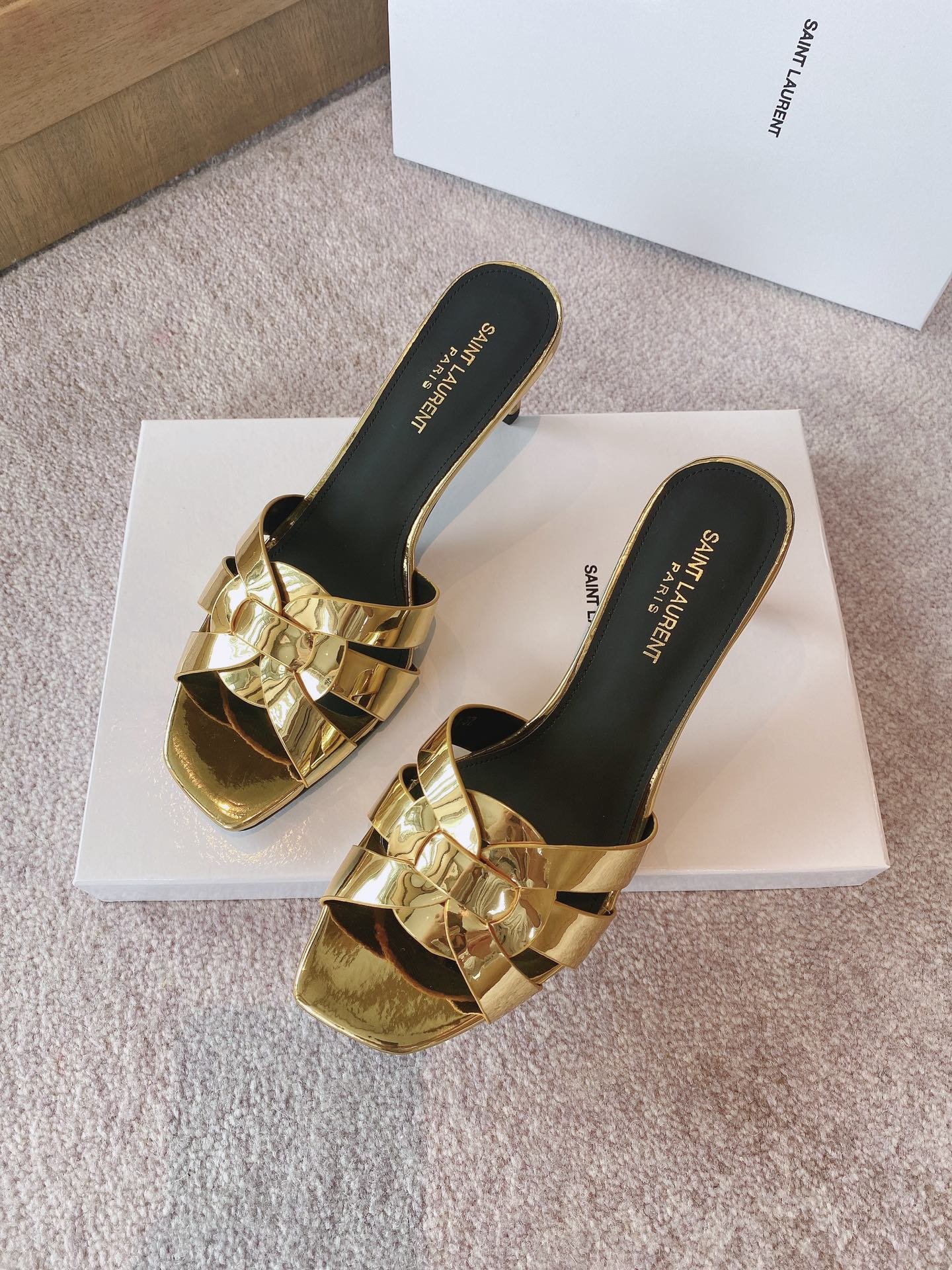 Yves Saint Laurent Women's Tribute Heeled Mules Gold For Women YSL - Soul Replicas