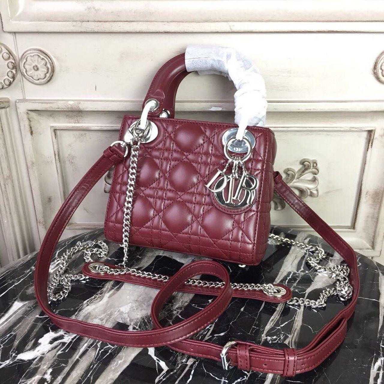 Christian Dior Mini Lady Dior Bag with Chain Silver Hardware Burgundy For Women 6.5in/17cm CD - Soul Replicas