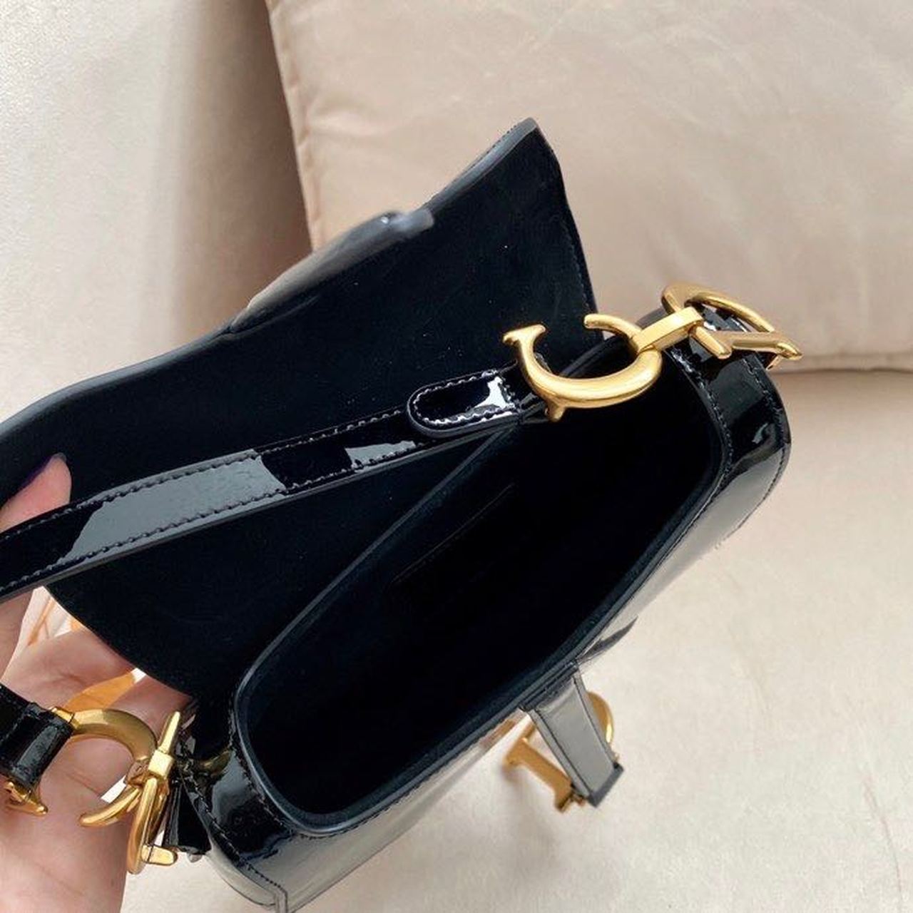 Christian Dior Saddle Bag Black Patent Gold Toned Hardware For Women 19.5cm/7.6in CD - Soul Replicas