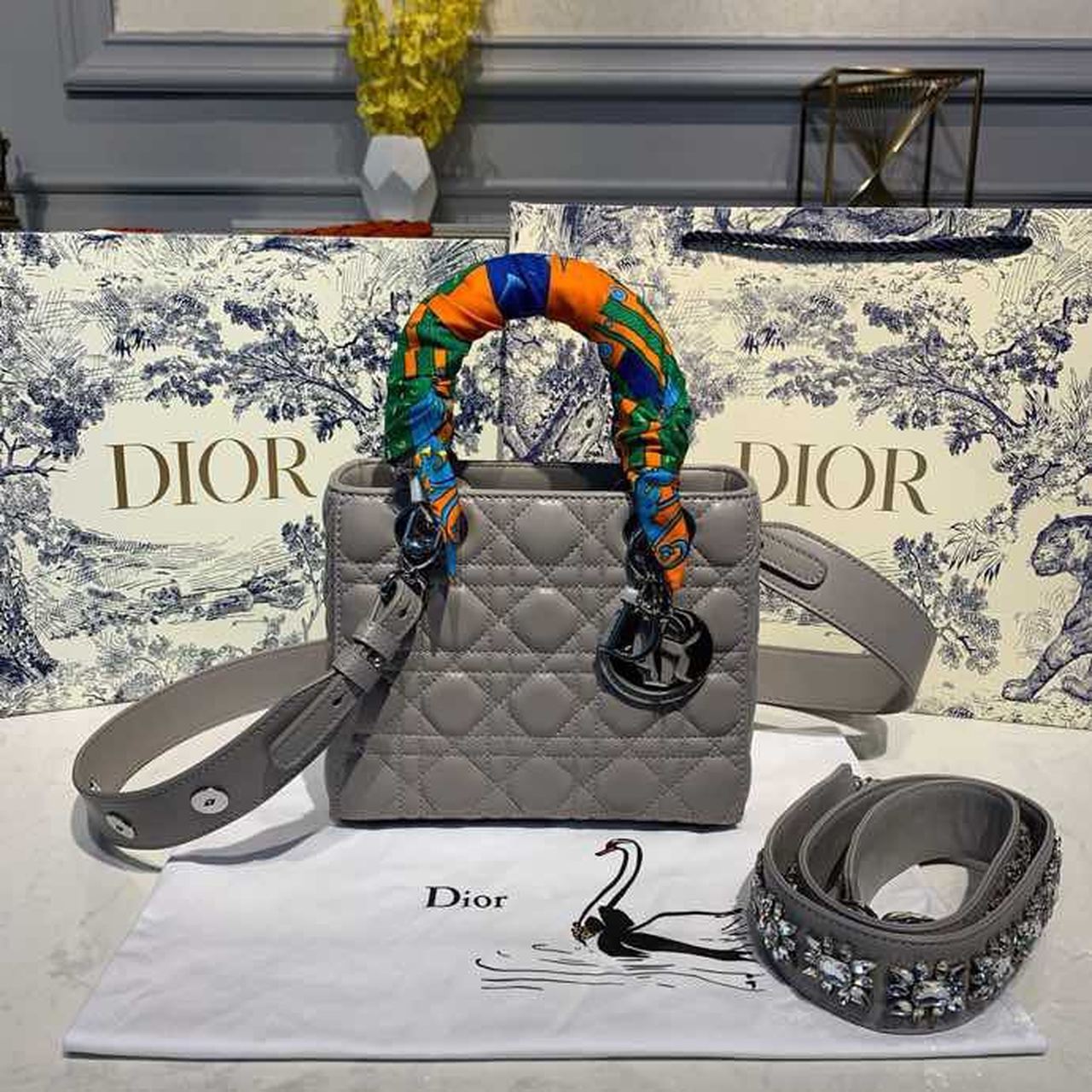 Christian Dior Small Lady Dior Bag Silver Hardware with Embellished Bag Strap Grey For Women 8in/20cm CD - Soul Replicas