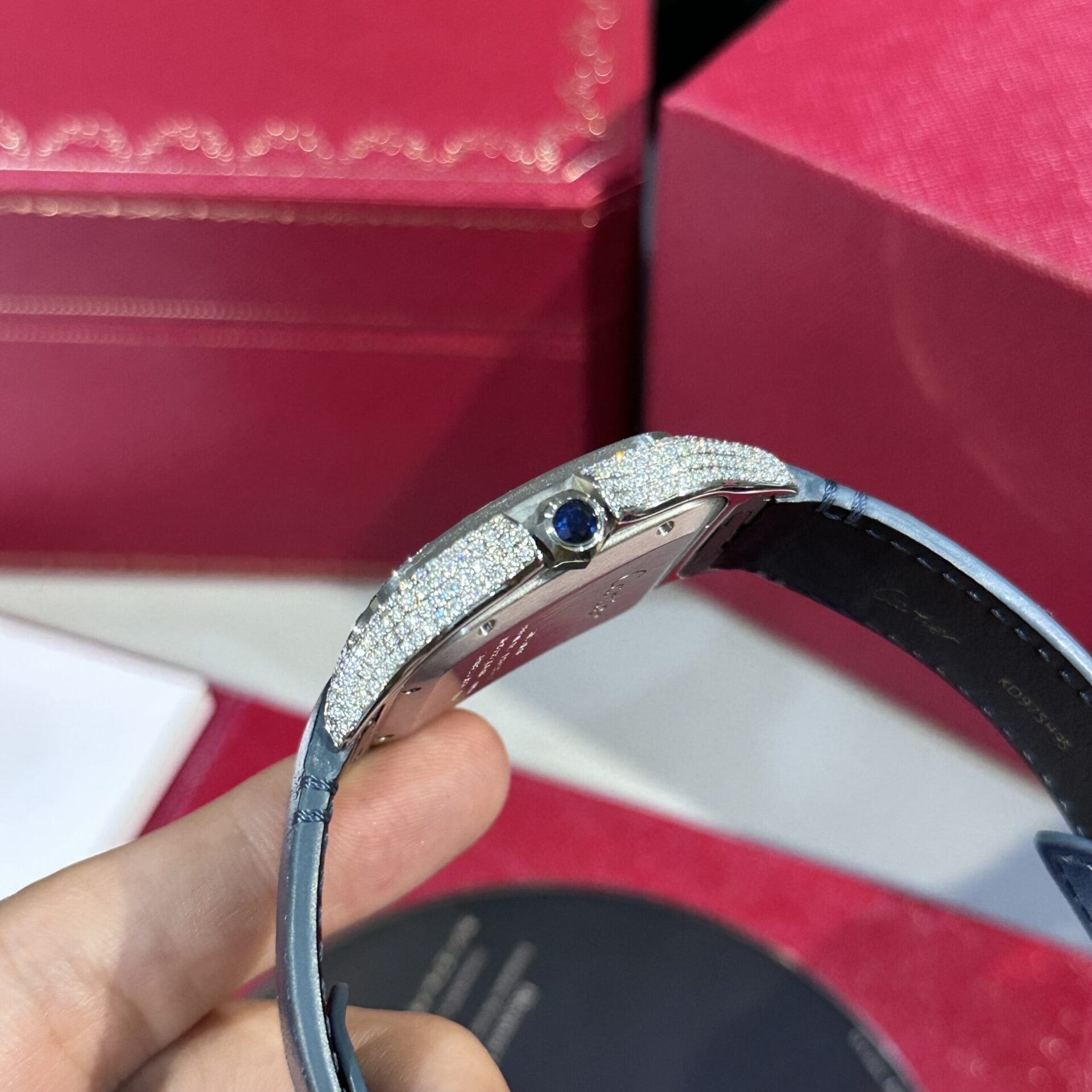 Cartier Santos Replica Watch Blue Dial Custom Moissanite Diamonds 39.8mm - Soul Replicas