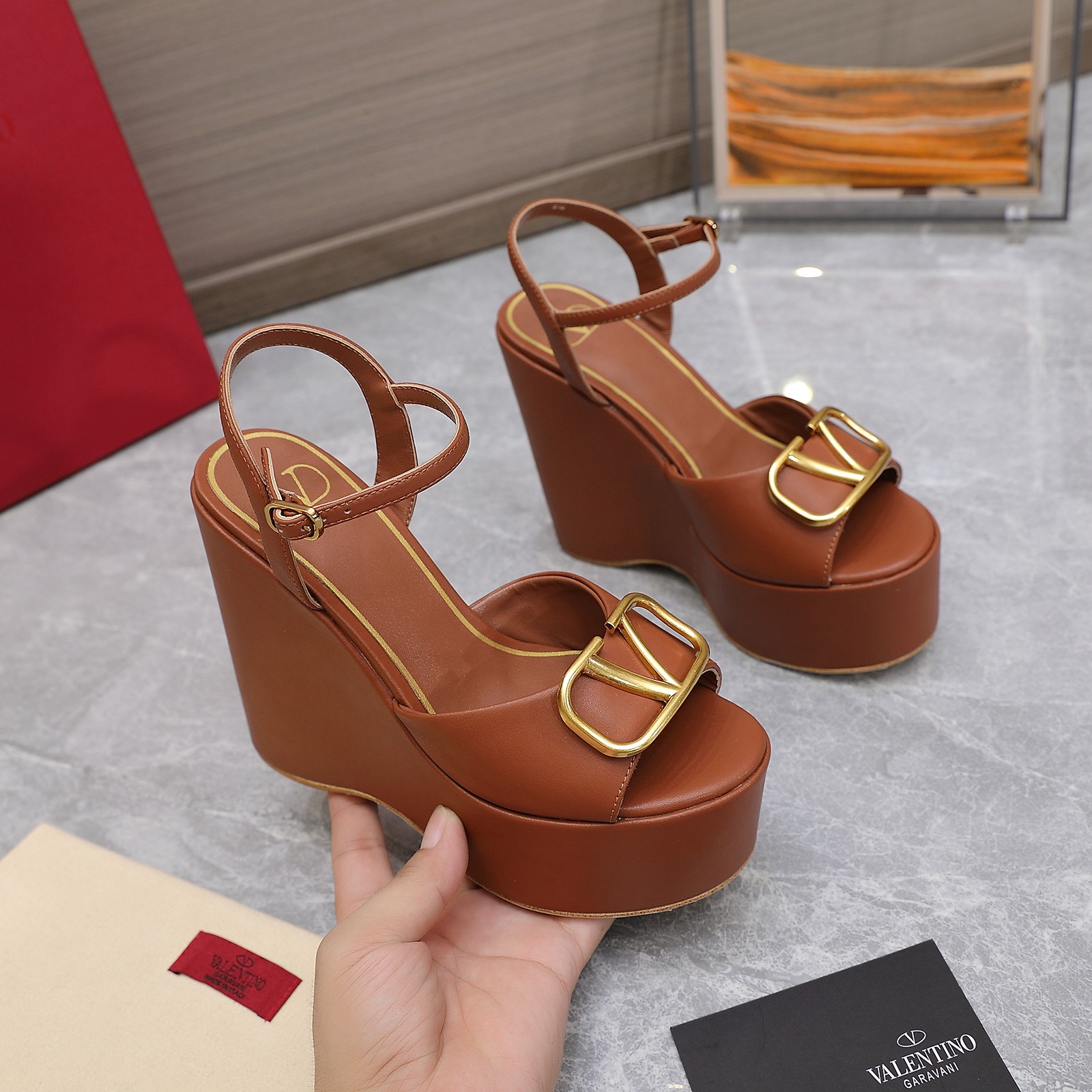 Valentino Garavani Block Heel Platform Sandals Brown For Women XW2S0DU9/DSH - Soul Replicas