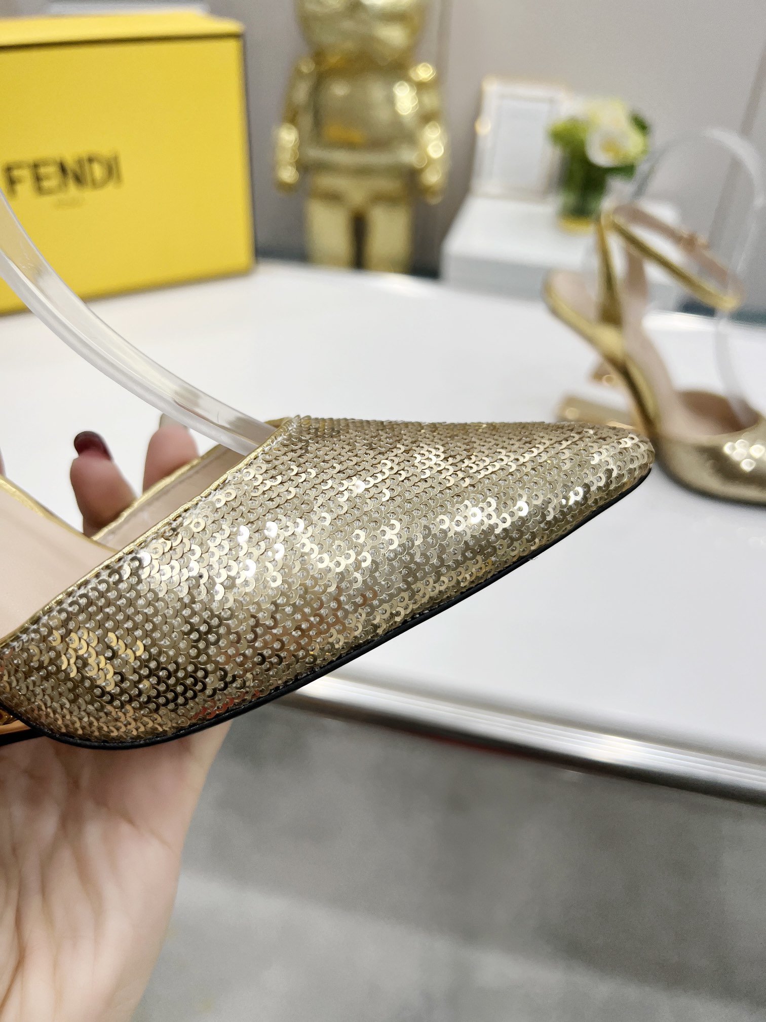 Fendi First Gold Glitter High-Heeled Slingbacks For Women - Soul Replicas