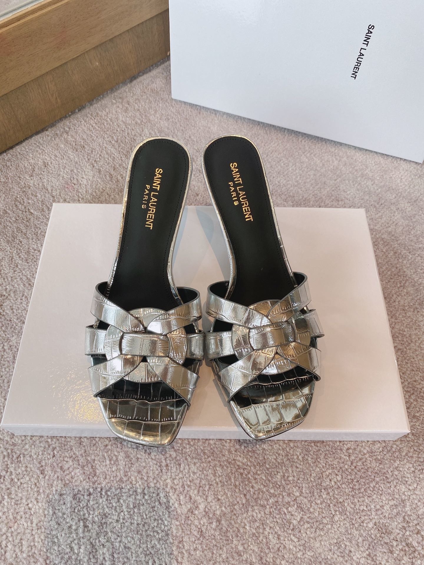 Yves Saint Laurent Women's Tribute Heeled Mules Sliver For Women YSL - Soul Replicas