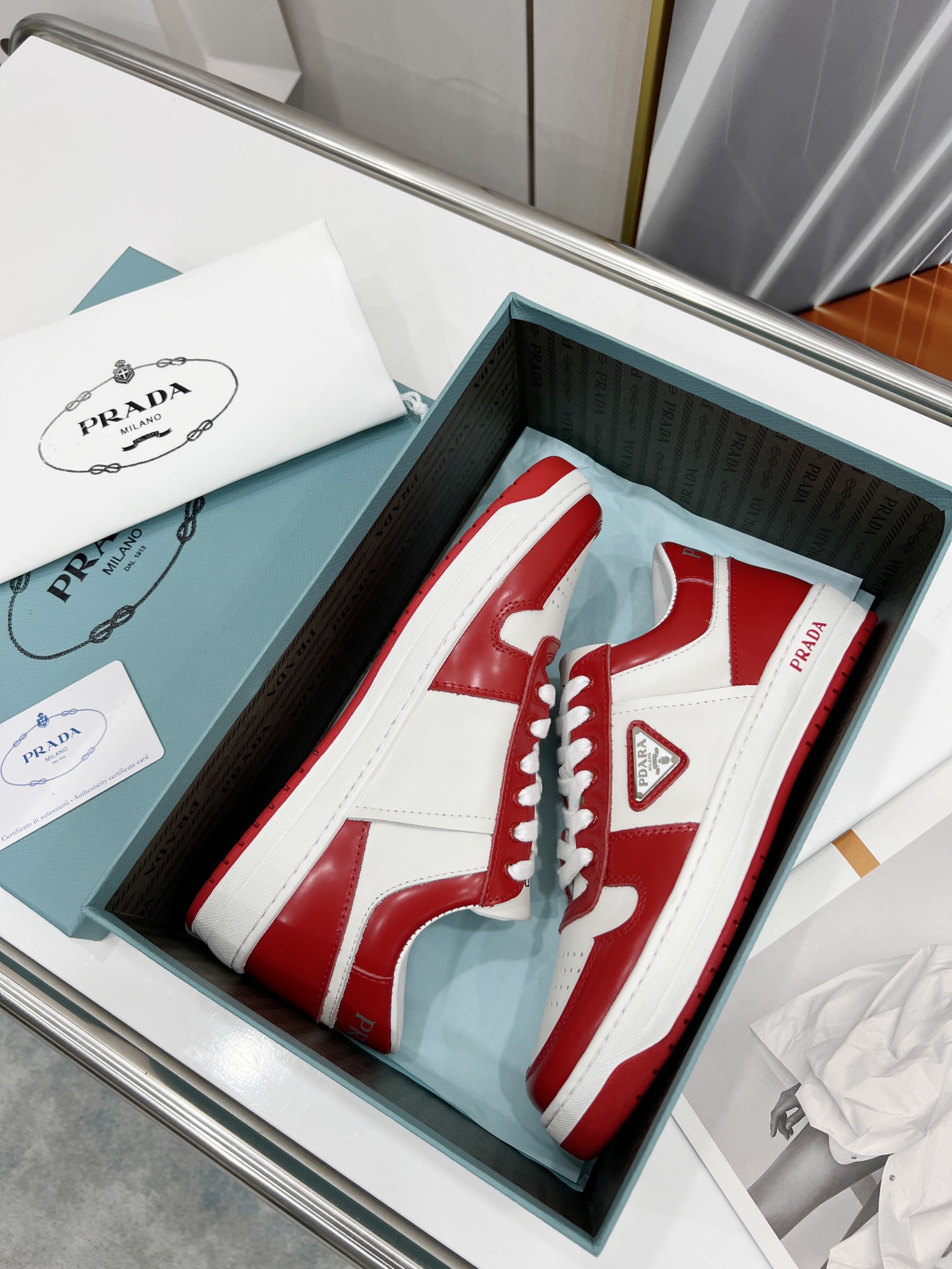 Prada Downtown Perforated Sneakers Red/White For Women 1.2in/30mm Prada 2EE364_3LKG_F0O3N - Soul Replicas