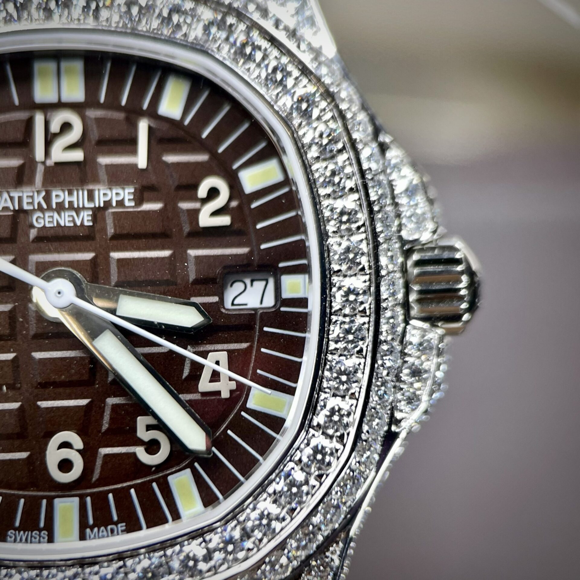 Patek Philippe Replica Watch Aquanaut 5067 Dial Brown Custom Diamonds Moissanite 35.6mm - Soul Replicas