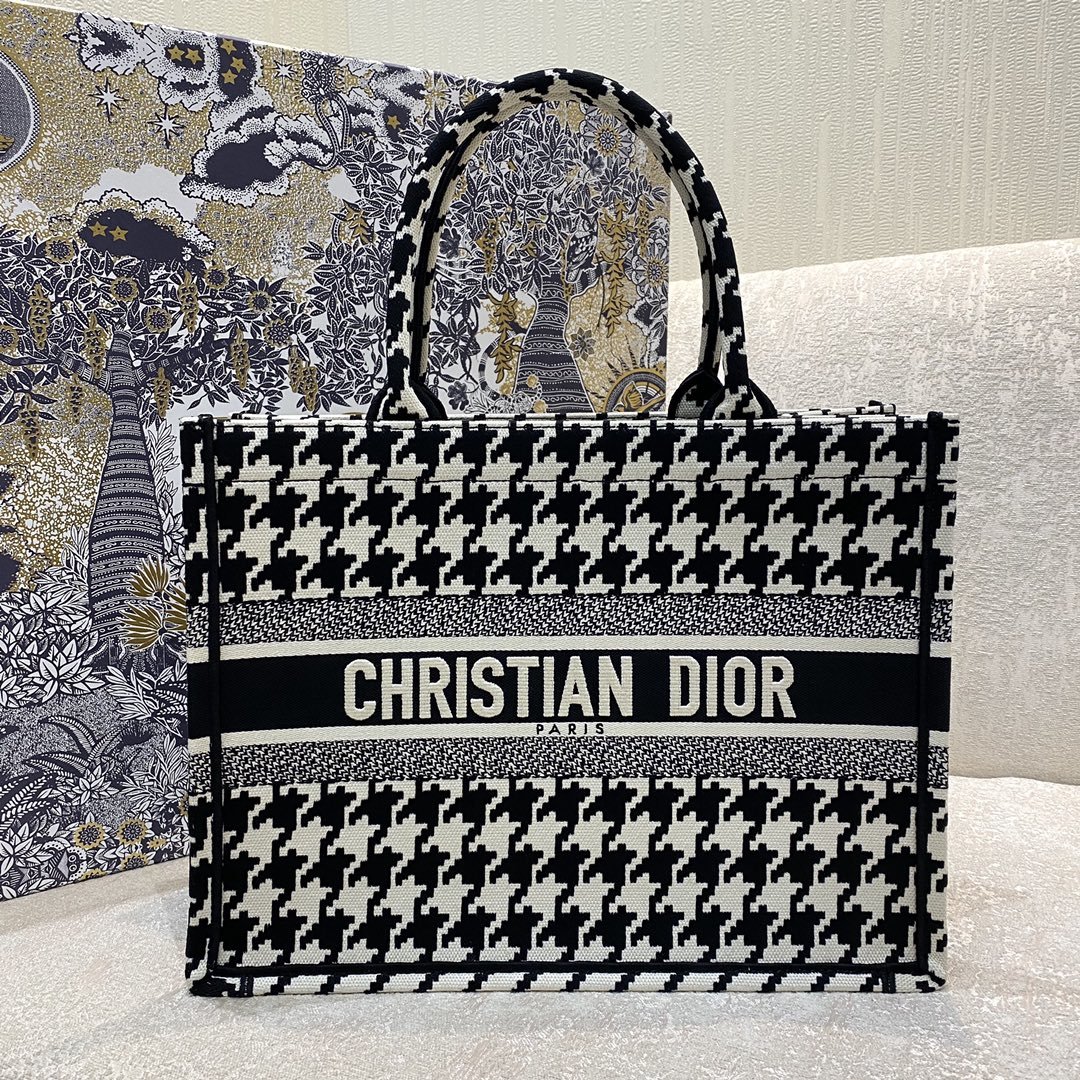 Christian Dior Medium Dior Book Tote Black Macro Houndstooth Embroidery. Blue. For Women Women's Handbags. Shoulder Bags. 36cm CD M1296ZTQT_M911 - Soul Replicas