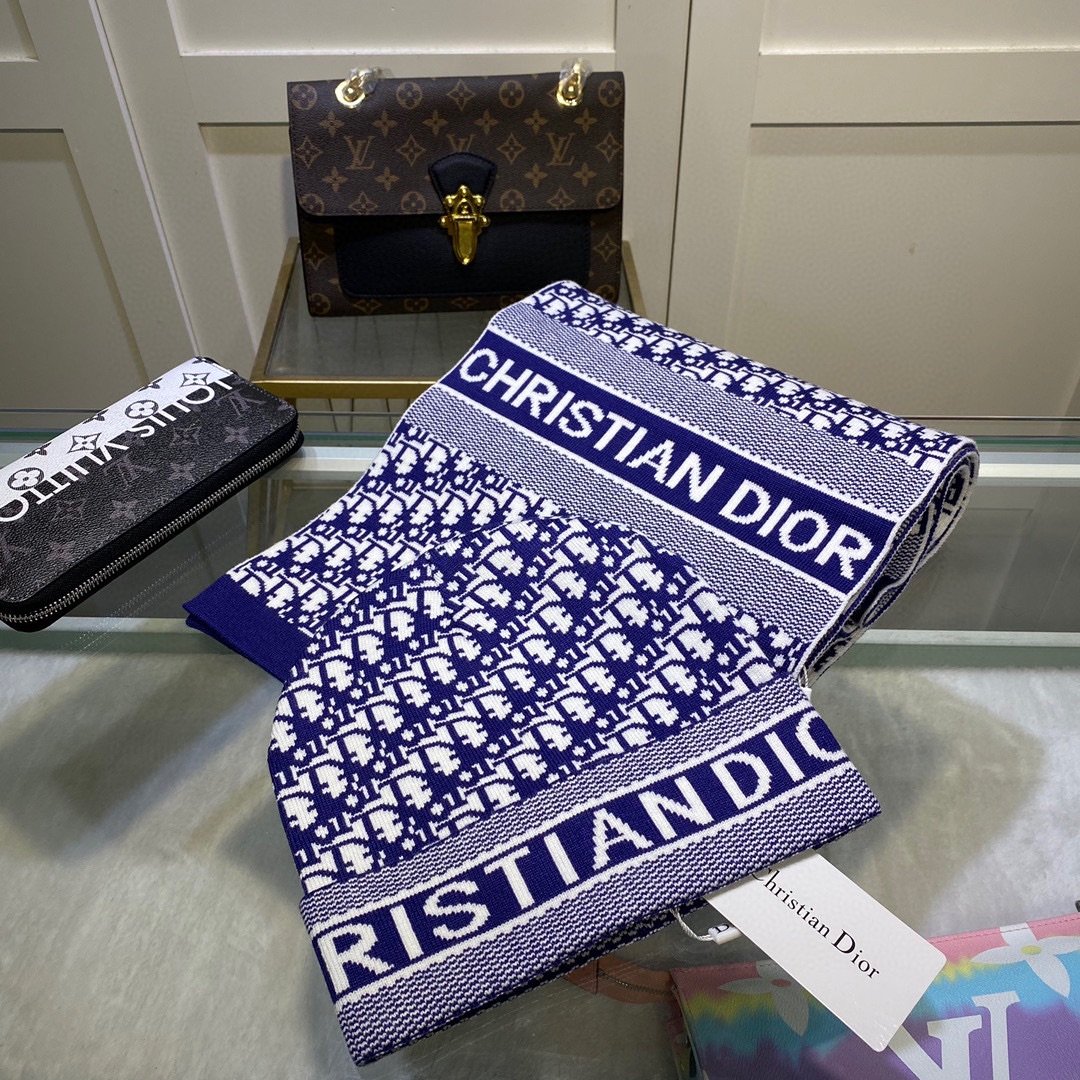 Dior Pompom Beanie & Scarf Set In Blue - Soul Replicas