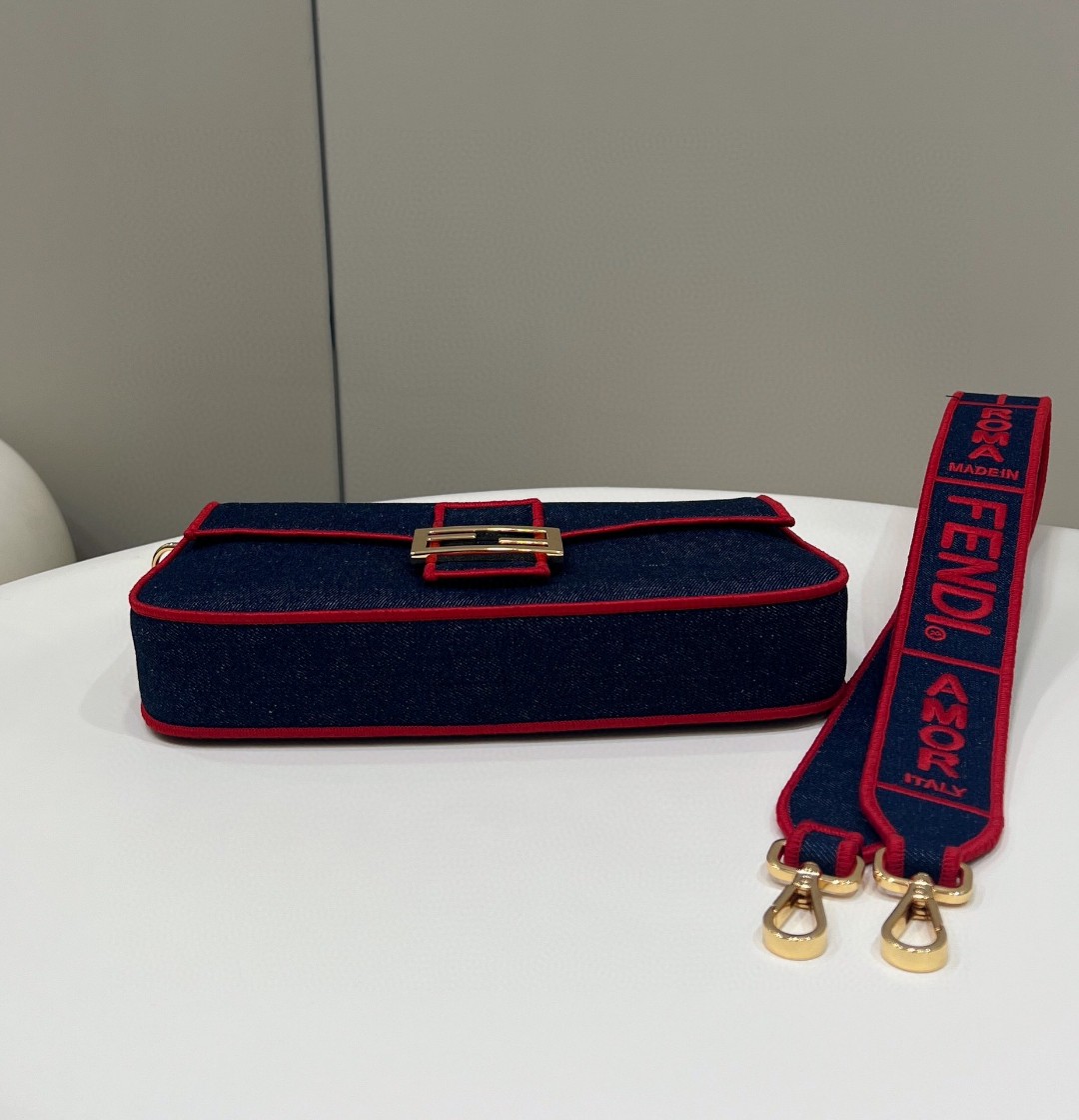 Fendi Baguette Blue Denim Red Border Bag For Woman 26cm/10in - Soul Replicas