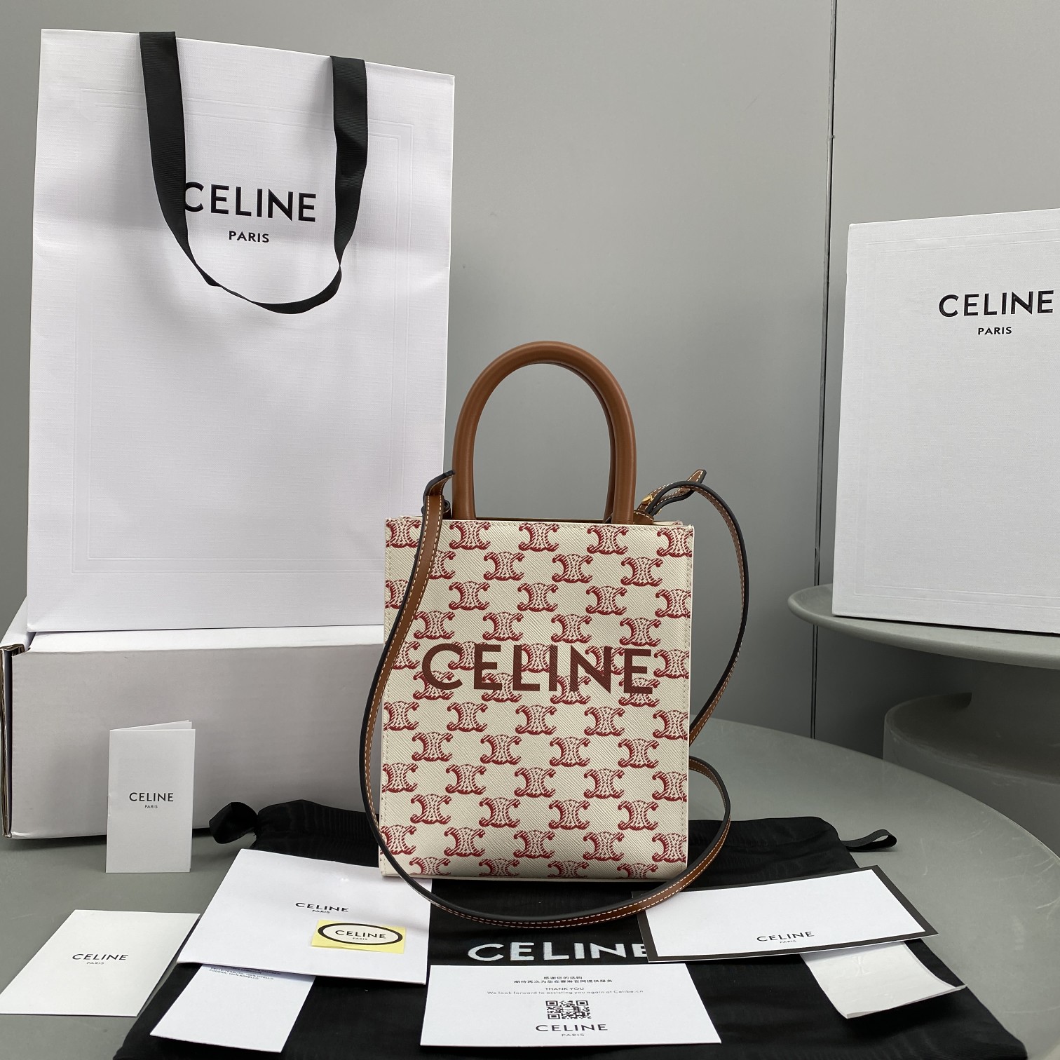 Celine Mini Vertical Cabas In Triomphe Canvas Red For Women 7.2in/18cm  - Soul Replicas