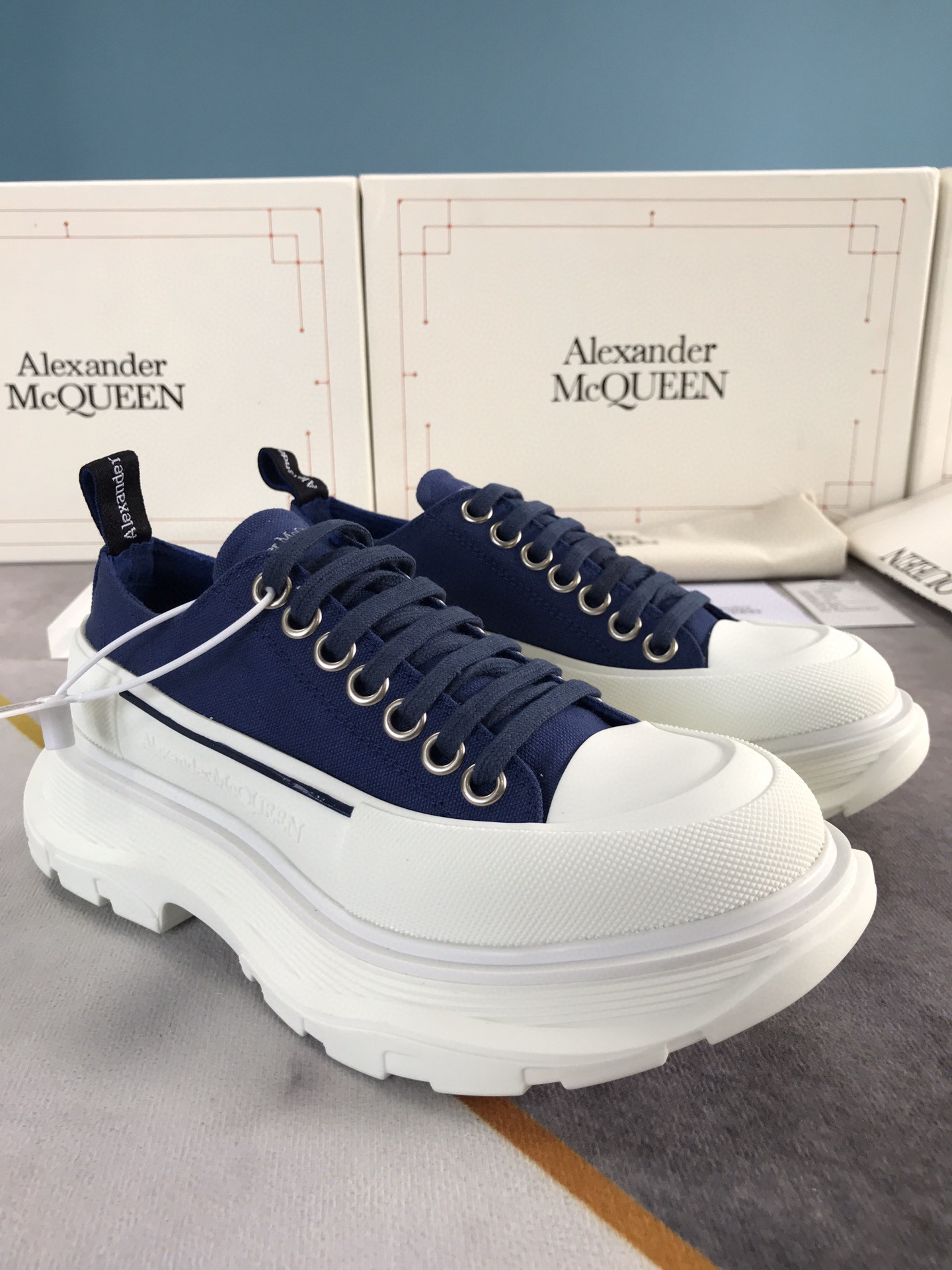 Alexander McQueen Tread Slick Lace Up Cotton Blue For Women - Soul Replicas
