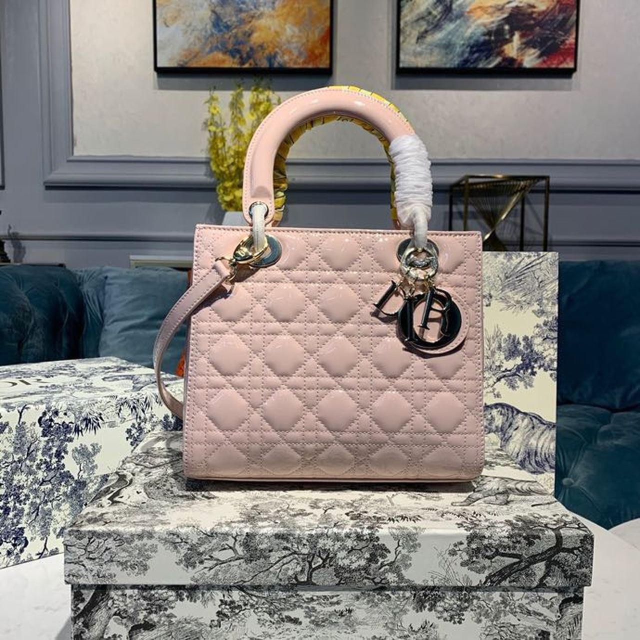 Christian Dior Medium Lady Dior Bag Gold Toned Hardware Patent Light Pink For Women 24cm/9in CD - Soul Replicas