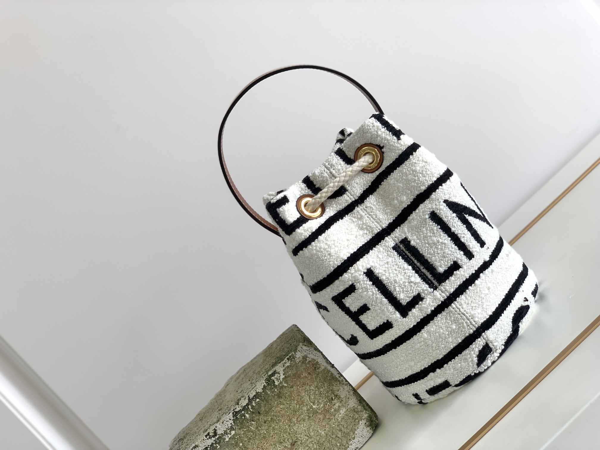 Celine Teen Drawstring In Textile With Celine All-Over White/Black For Women 7in/19cm - Soul Replicas