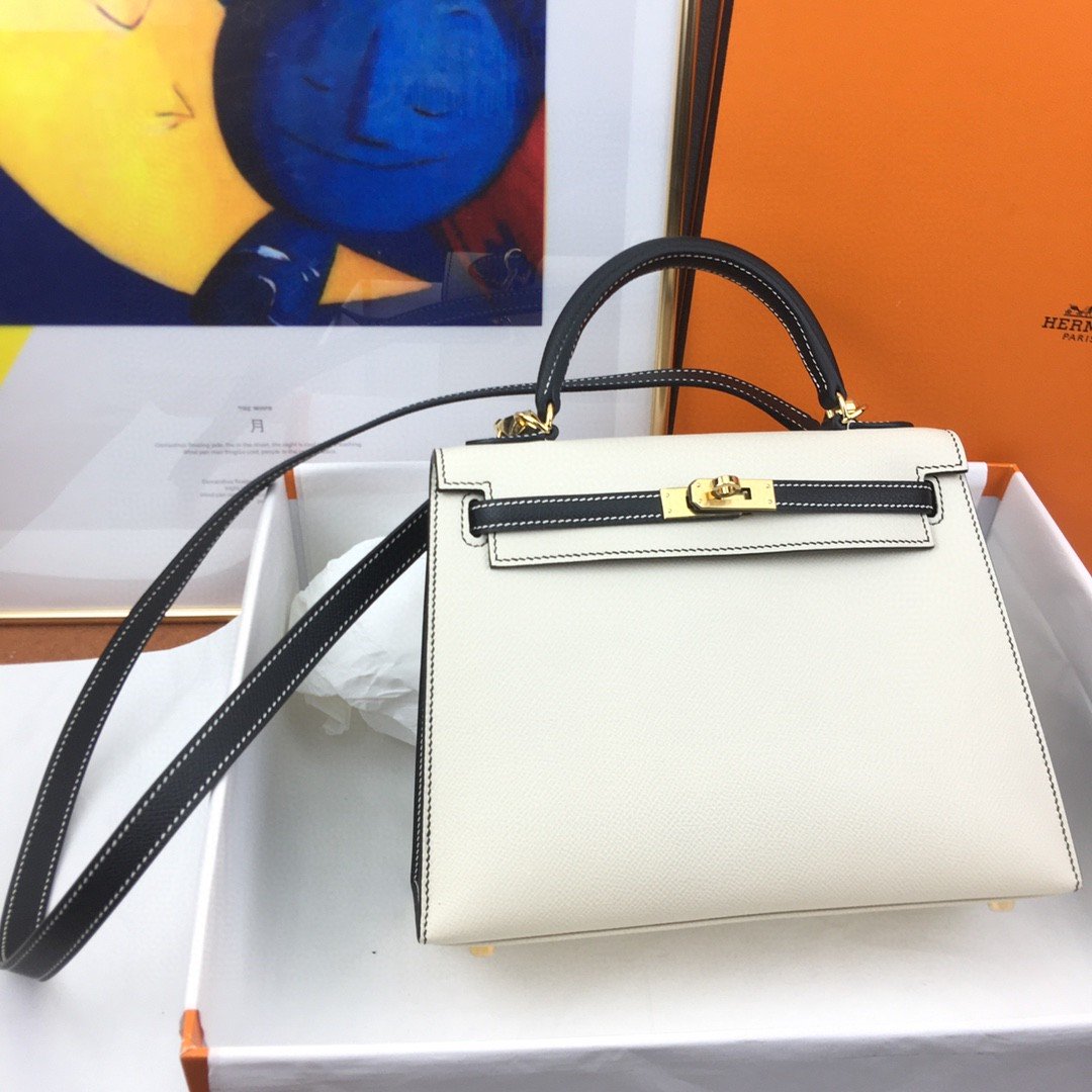 Hermes Kelly 25 Sellier Epsom White/Black Bag For Women. Women-s Handbags. Shoulder Bags 10in/25cm - Soul Replicas