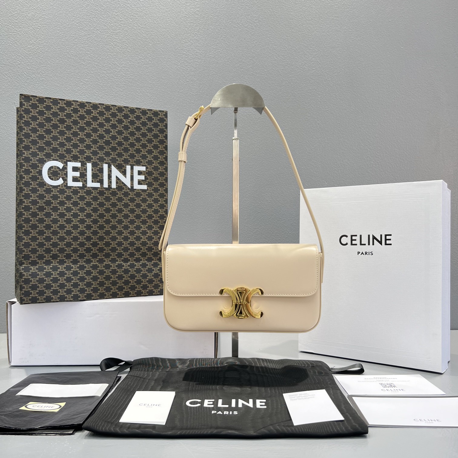 Celine Triomphe Shoulder Bag Beige For Women 8in/20.5cm - Soul Replicas