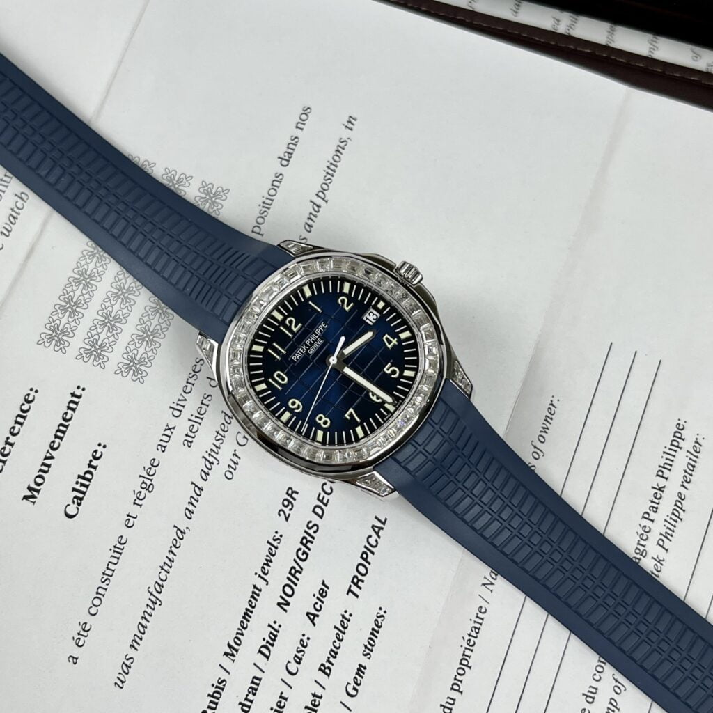Patek Philippe Replica Watch Aquanaut 5168G Custom Moissanite Baguette Diamonds Blue Dial 42.2mm - Soul Replicas