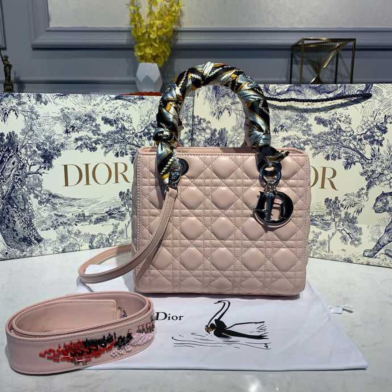 Christian Dior Medium Lady Dior Bag Silver Hardware with Embellished Bag Strap Pink For Women 9.5in/24cm CD - Soul Replicas