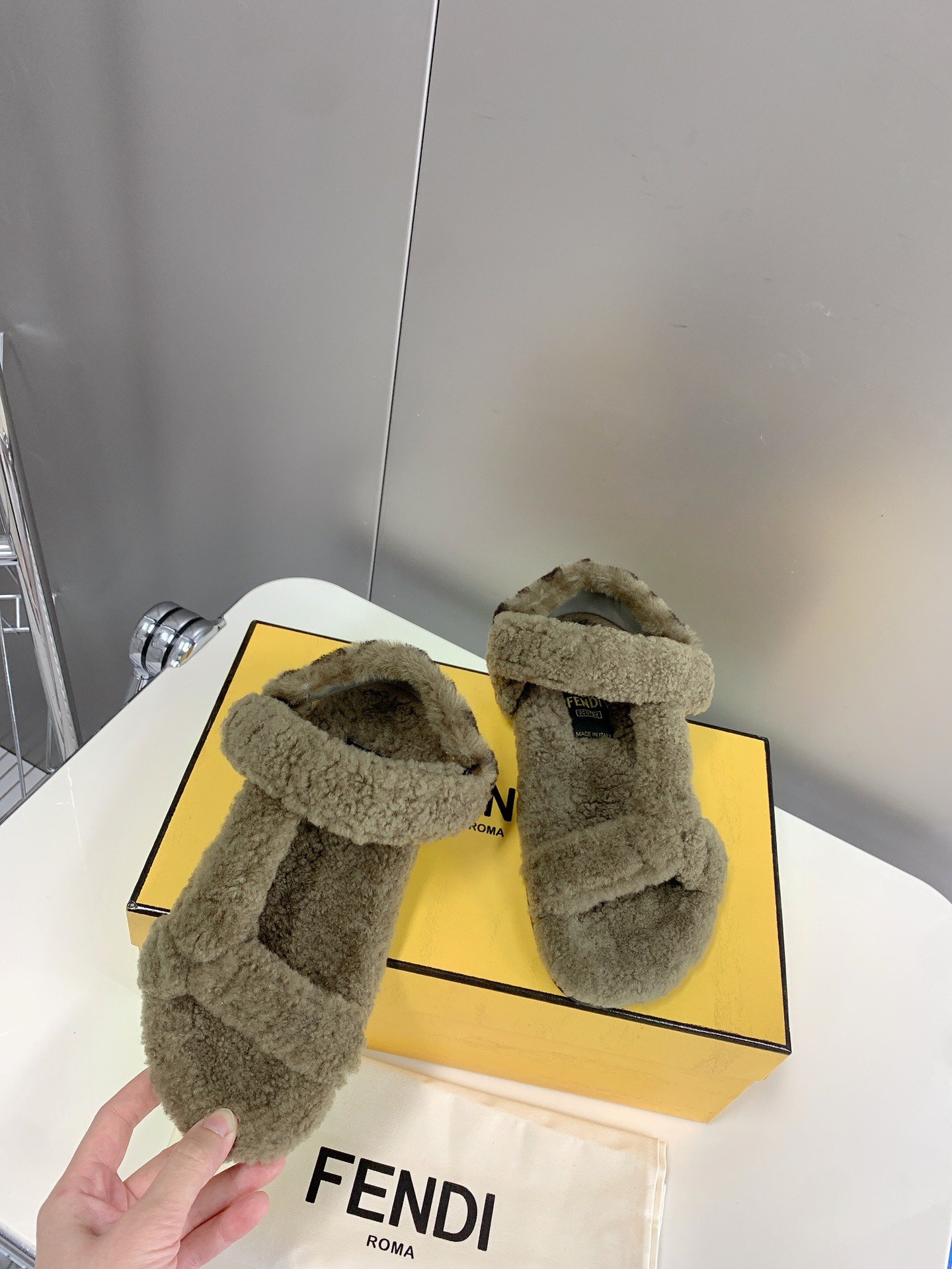 Fendi First Shearling Sandal Green For Women - Soul Replicas