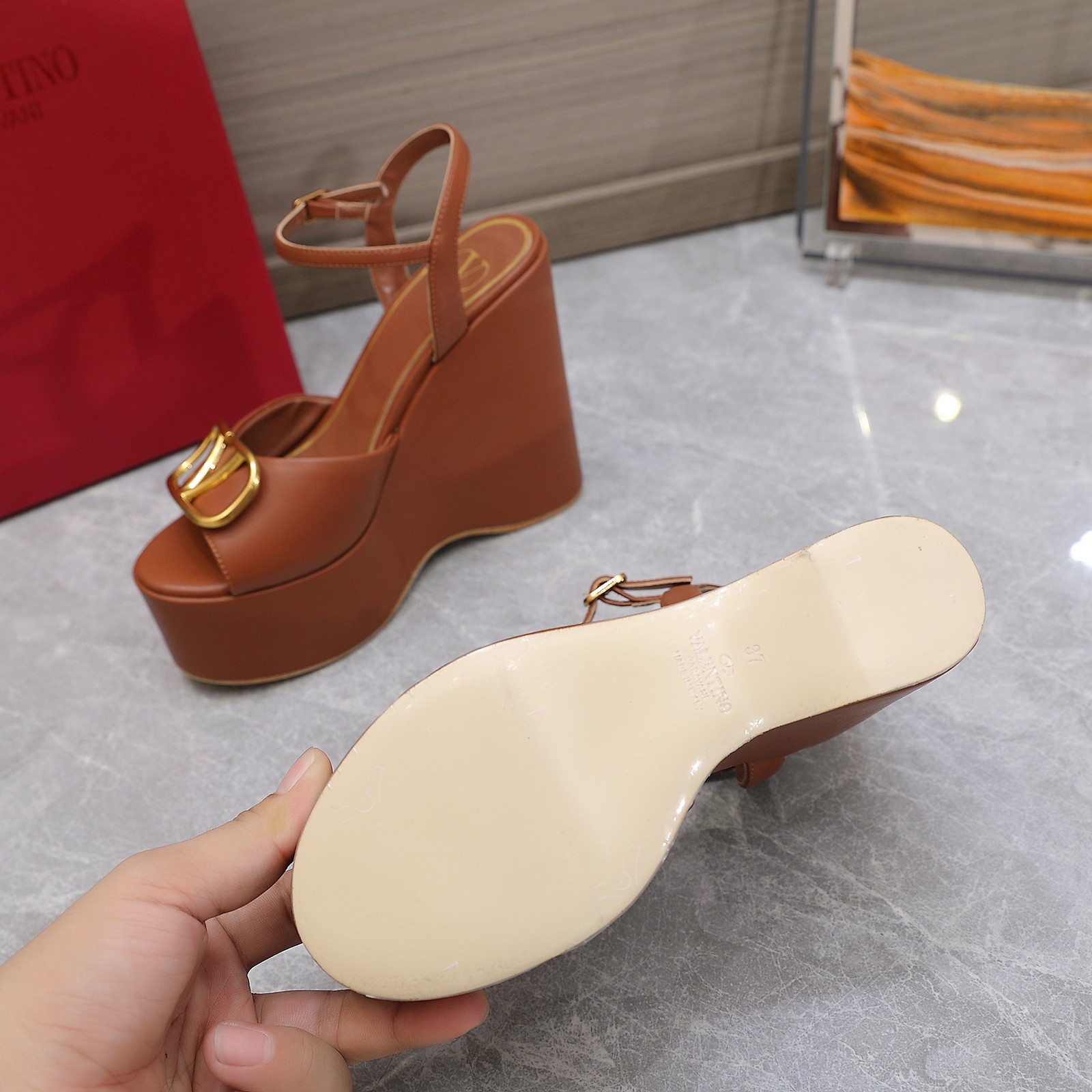 Valentino Garavani Block Heel Platform Sandals Brown For Women XW2S0DU9/DSH - Soul Replicas