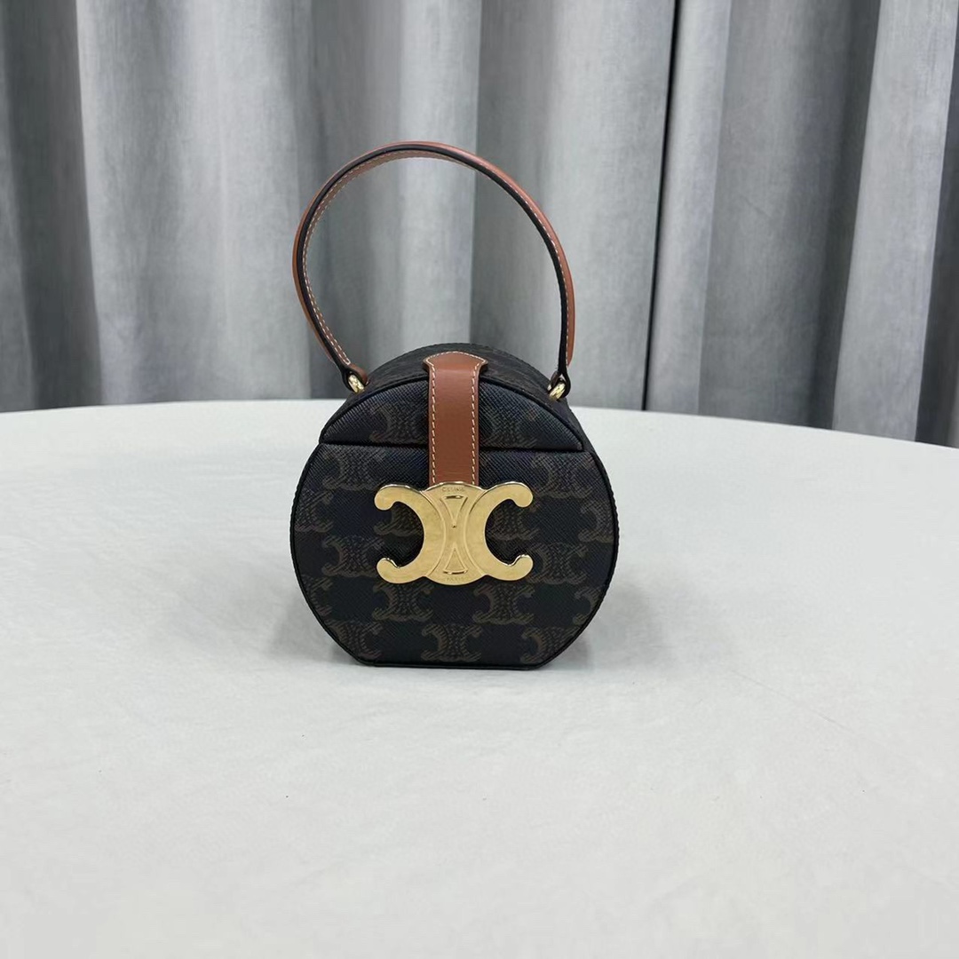 Celine Small Round Box Triomphe In Triomphe Canvas Tan For Women 4.5in/11.5cm - Soul Replicas