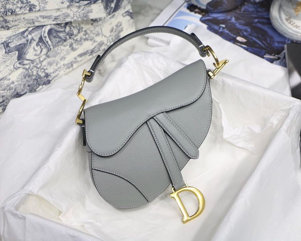 Christian Dior Saddle Bag Light Blue Grained Gold Toned Hardware Canvas For Women 19.5cm/7.6in CD - Soul Replicas